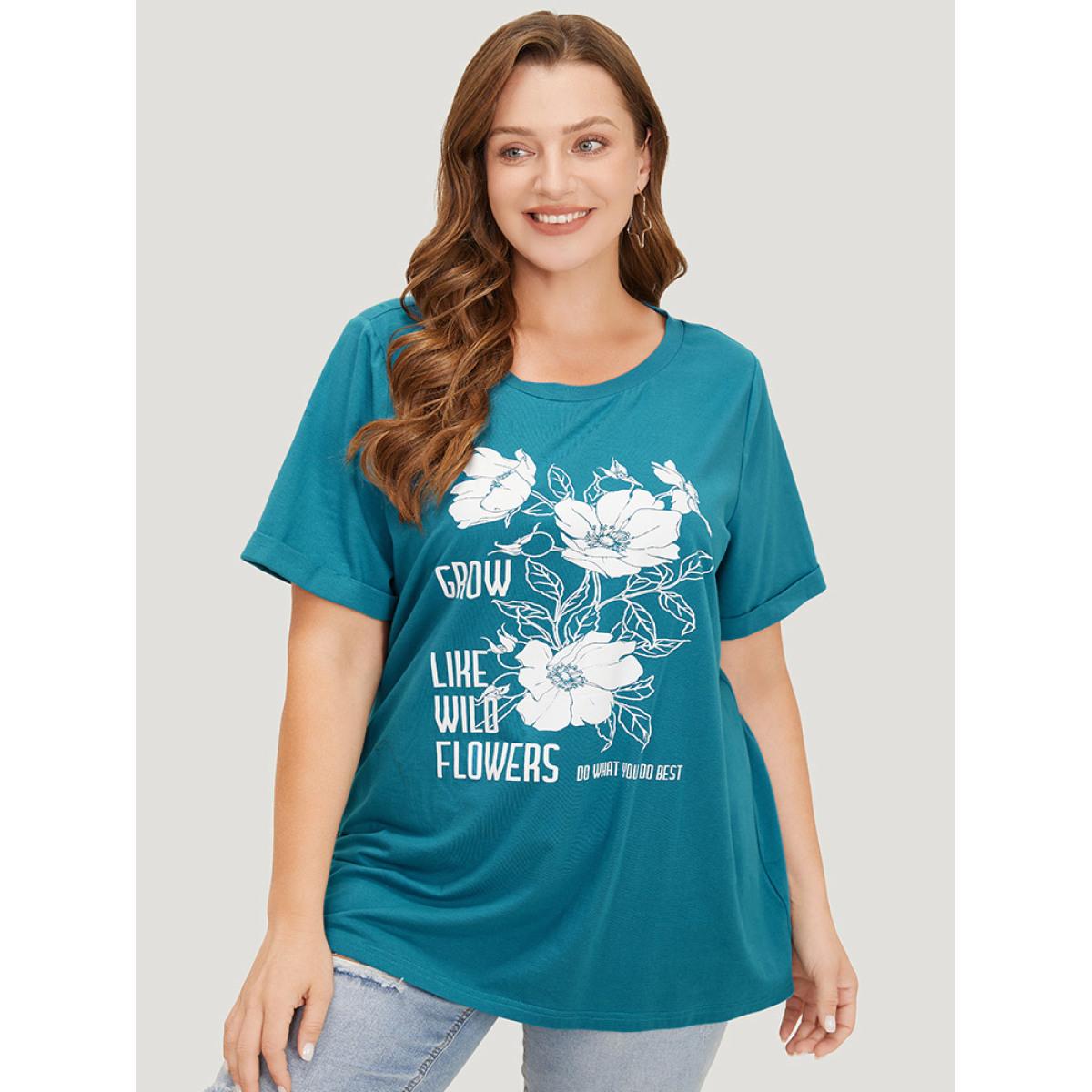 Plus Size Floral & Letter Roll Sleeve T-shirt Cerulean Women Casual Printed Natural Flowers Dailywear T-shirts BloomChic 26/4X Product Image