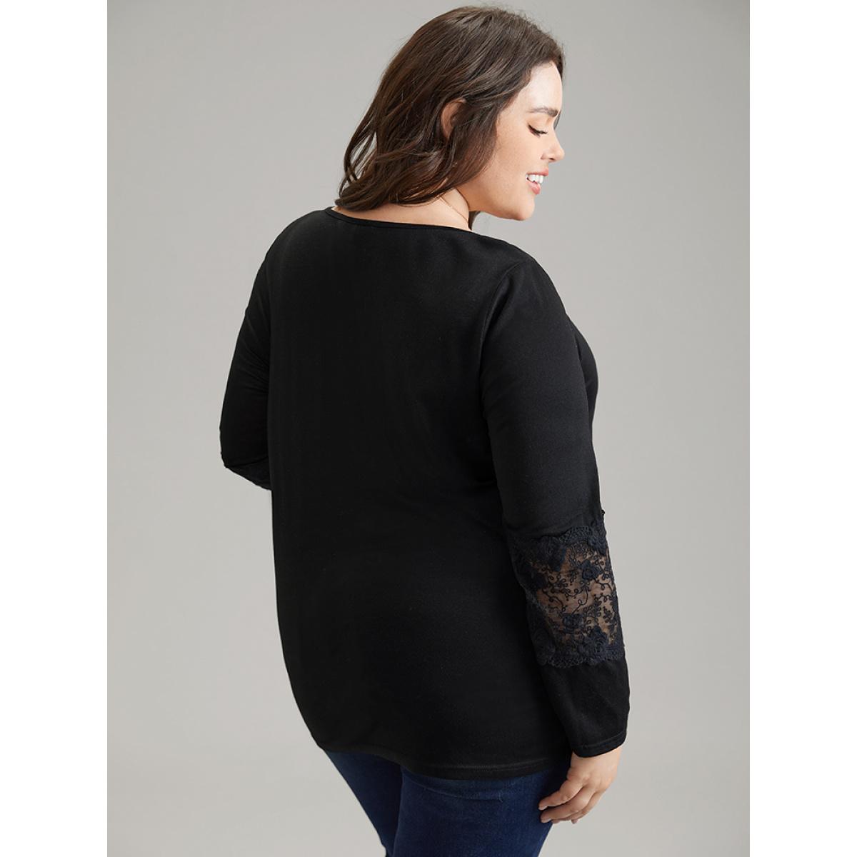Plus Size Guipure Lace Plain Mesh T-shirt Black Women Casual See through Plain Round Neck Everyday T-shirts BloomChic 26/4X Product Image