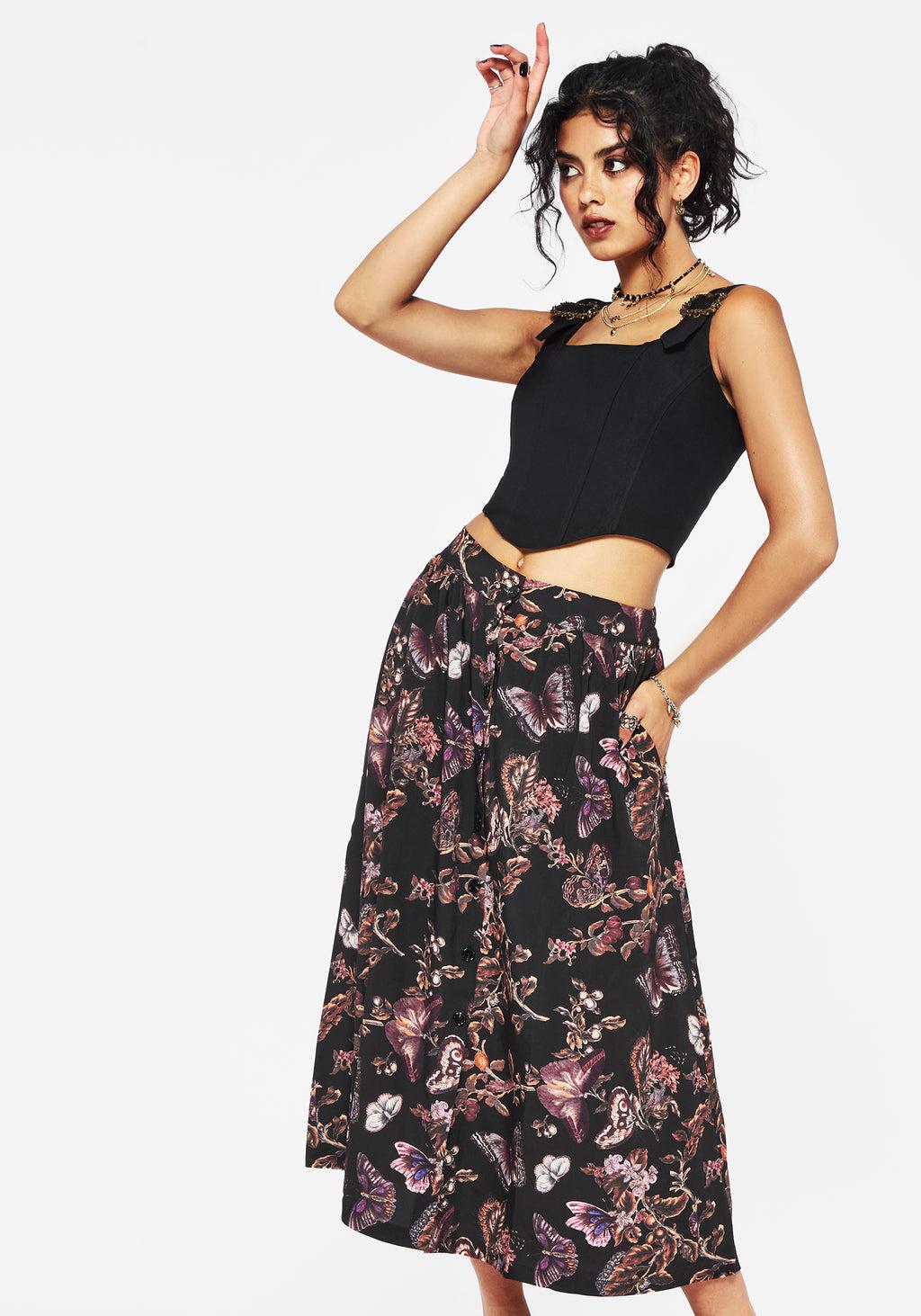 Eloise Floral Butterfly Print Button Up Midi Skirt Product Image
