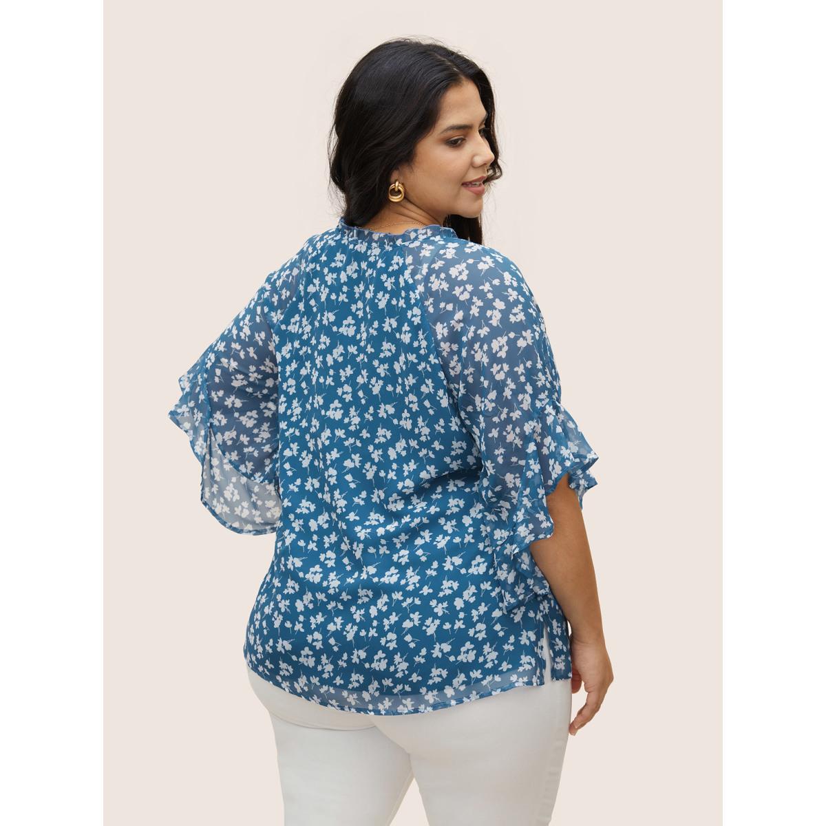 Plus Size Cerulean Floral Tie Knot Flutters Bell Sleeve Blouse Women Elegant Half Sleeve V-neck Everyday Blouses BloomChic 26/4X Product Image