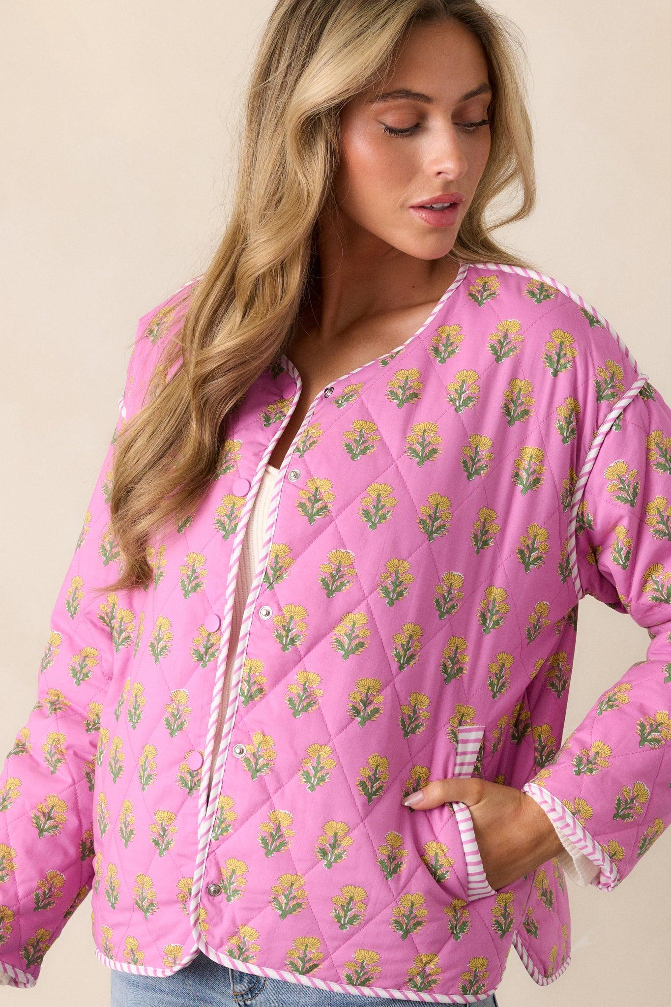 Peaceful Retreat Cotton Pink Floral Quilted Jacket Product Image