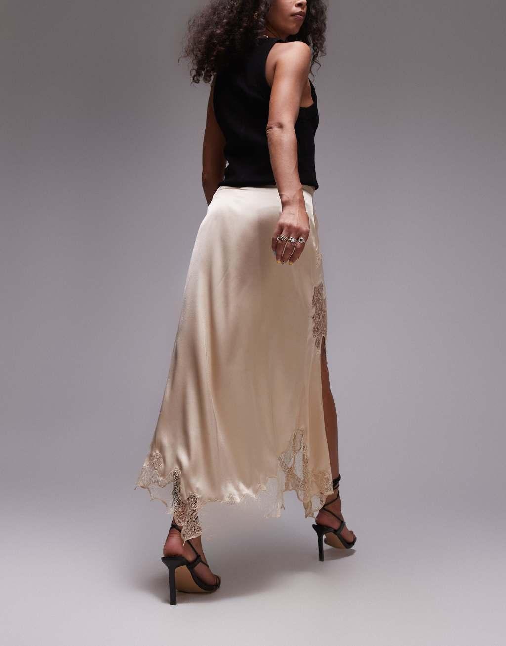 Topshop satin and lace maxi skirt in oyster Product Image