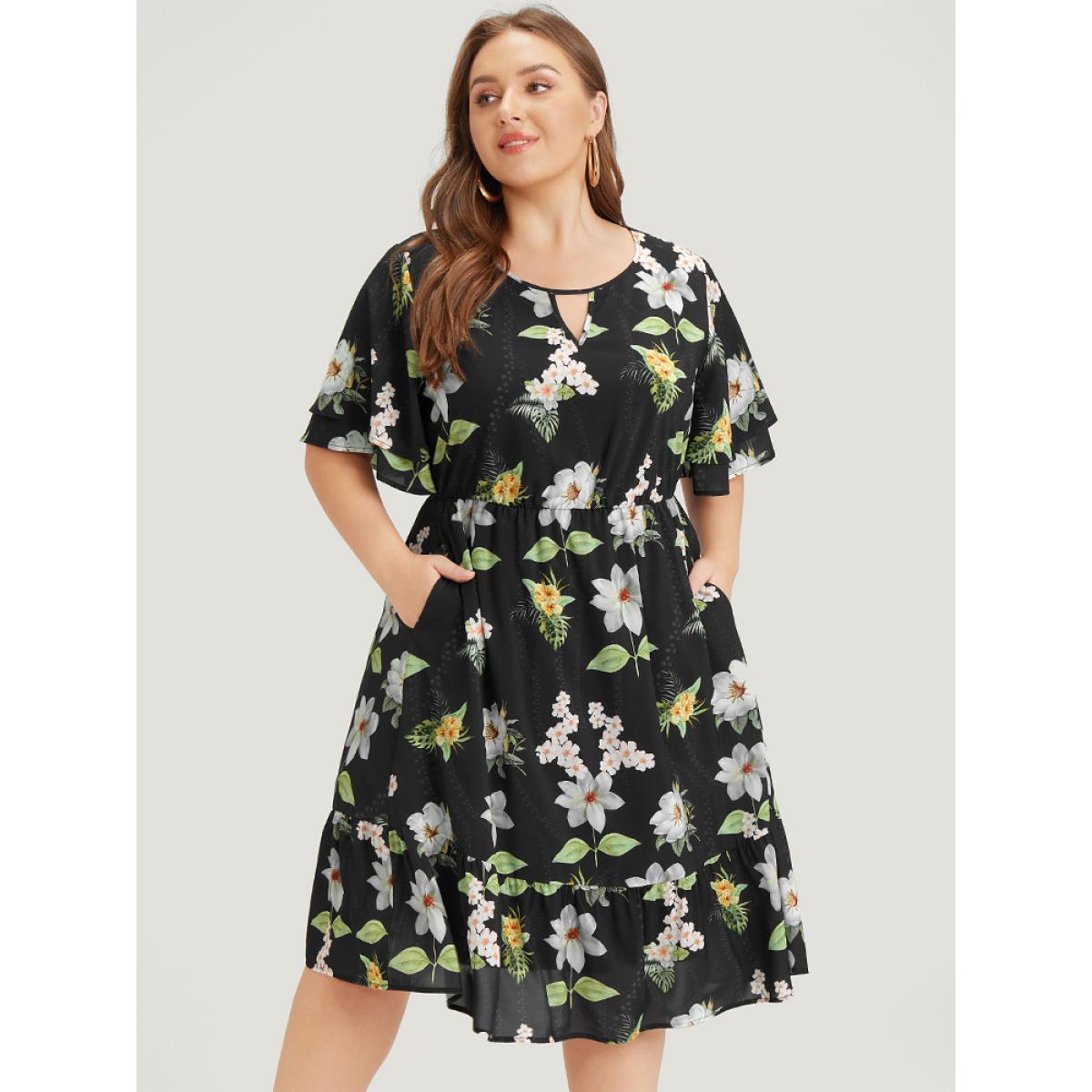Plus Size Floral Print Ruffle Pocket Keyhole Round Neck Dress BlackFlower Women Elegant Keyhole V-neck Short sleeve Curvy Midi Dress BloomChic 14-16/1X Product Image