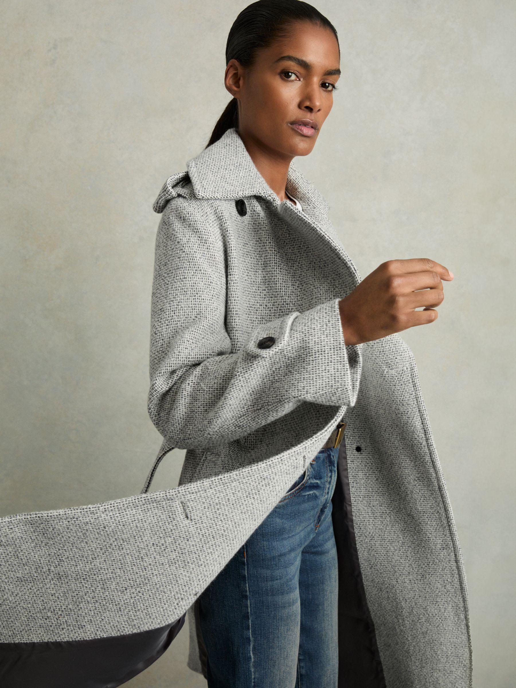 Wool-Blend Double-Breasted Check Trench Coat in Black/White Product Image