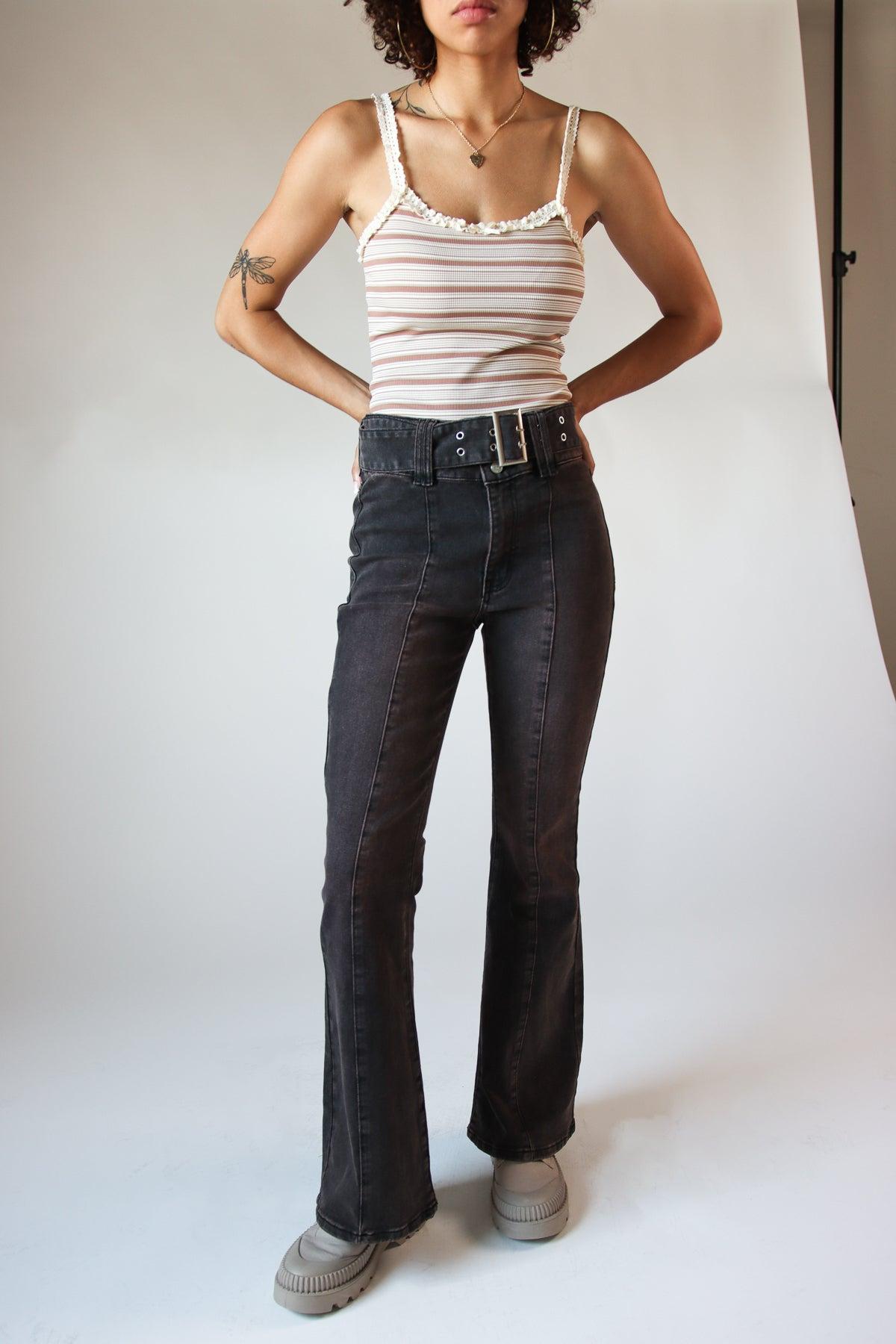 Belted Flare Grunge Wash Jeans Product Image