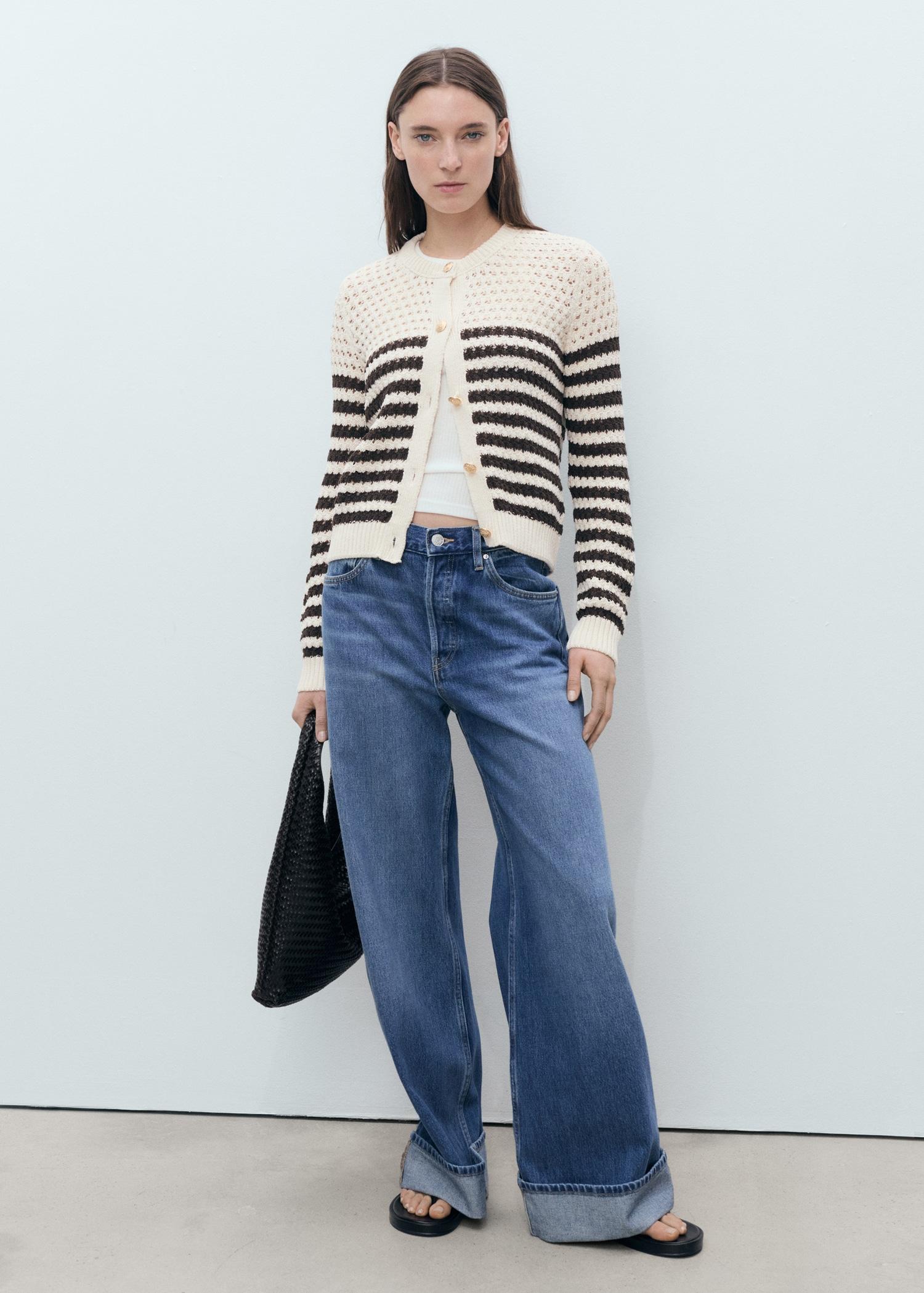 Striped openwork knitted cardigan - Women | MANGO USA Product Image