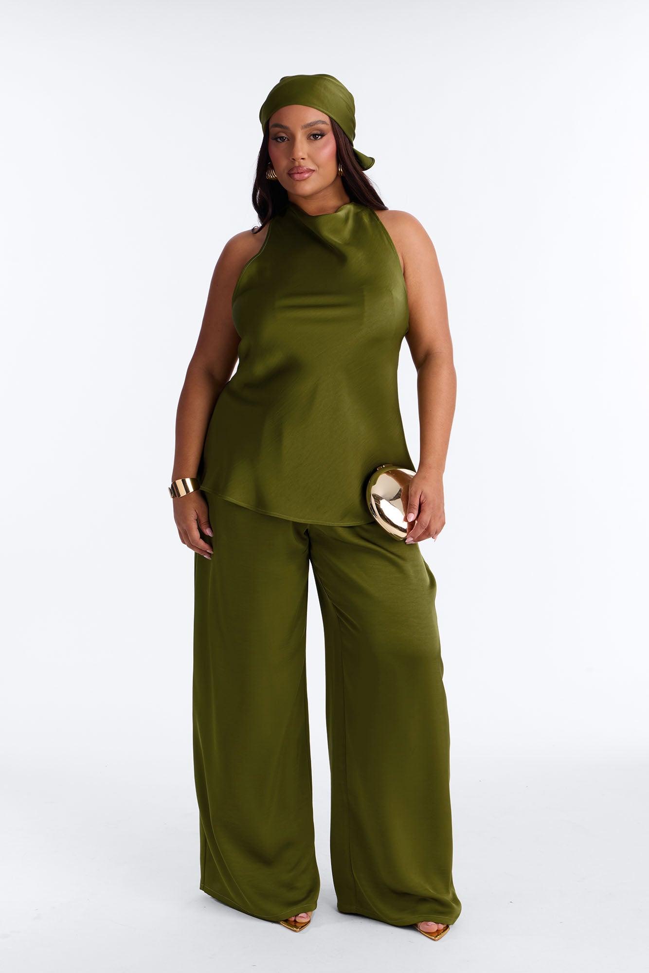 Eve Satin Halter 3 Piece Pant Set - Green Female Product Image