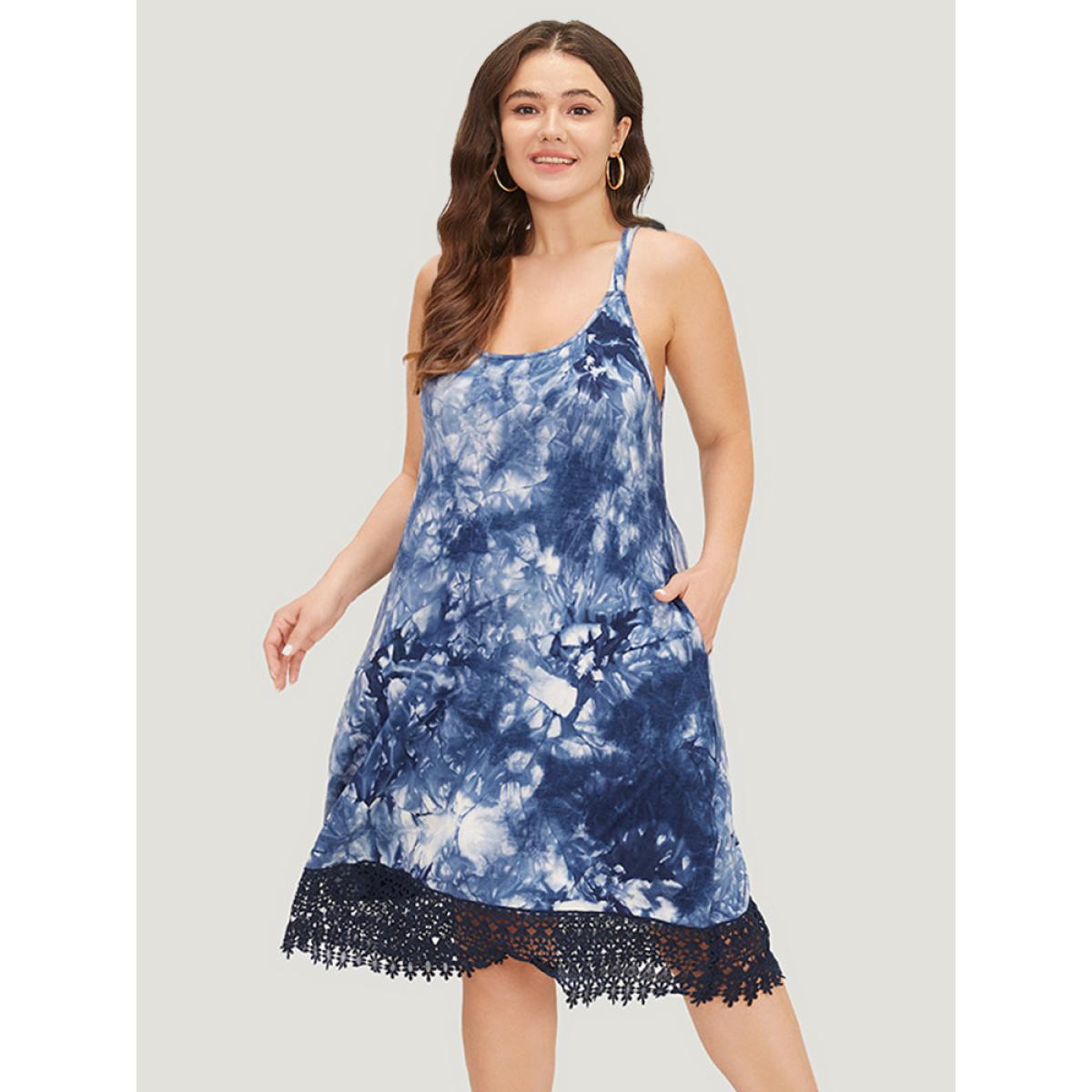 Plus Size Tie Dye Pocket Lace Hem Cami Dress Indigo Women Vacation Adjustable Straps Spaghetti Strap Sleeveless Curvy Midi Dress BloomChic 10/M Product Image