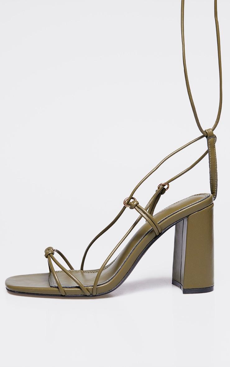 Olive Wide Fit PU Square Toe Lace Up Block Heeled Sandals Product Image