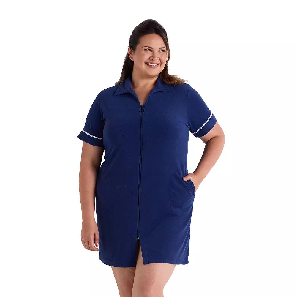 Plus Size Miss Elaine Essentials Terry Short Zip Robe, Women's, Size: 3XL, Blue Product Image