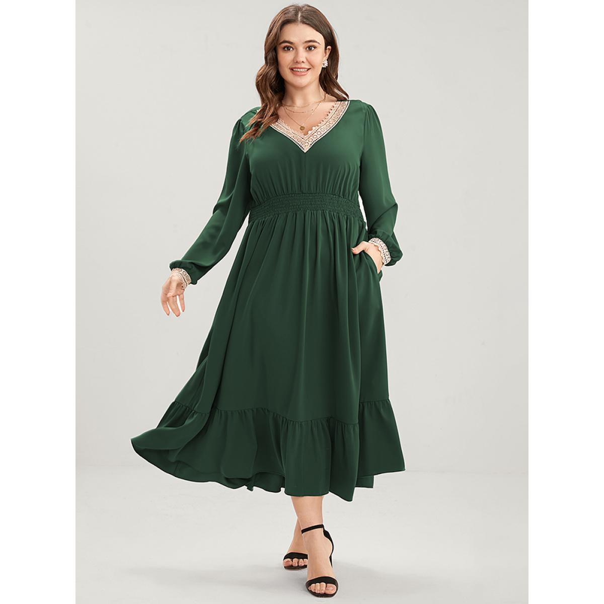 Plus Size Solid Lantern Sleeve Shirred Pocket Lace Trim Ruffle Hem Dress Green Women Elegant Patchwork V-neck Long Sleeve Curvy Midi Dress BloomChic 10/M Product Image