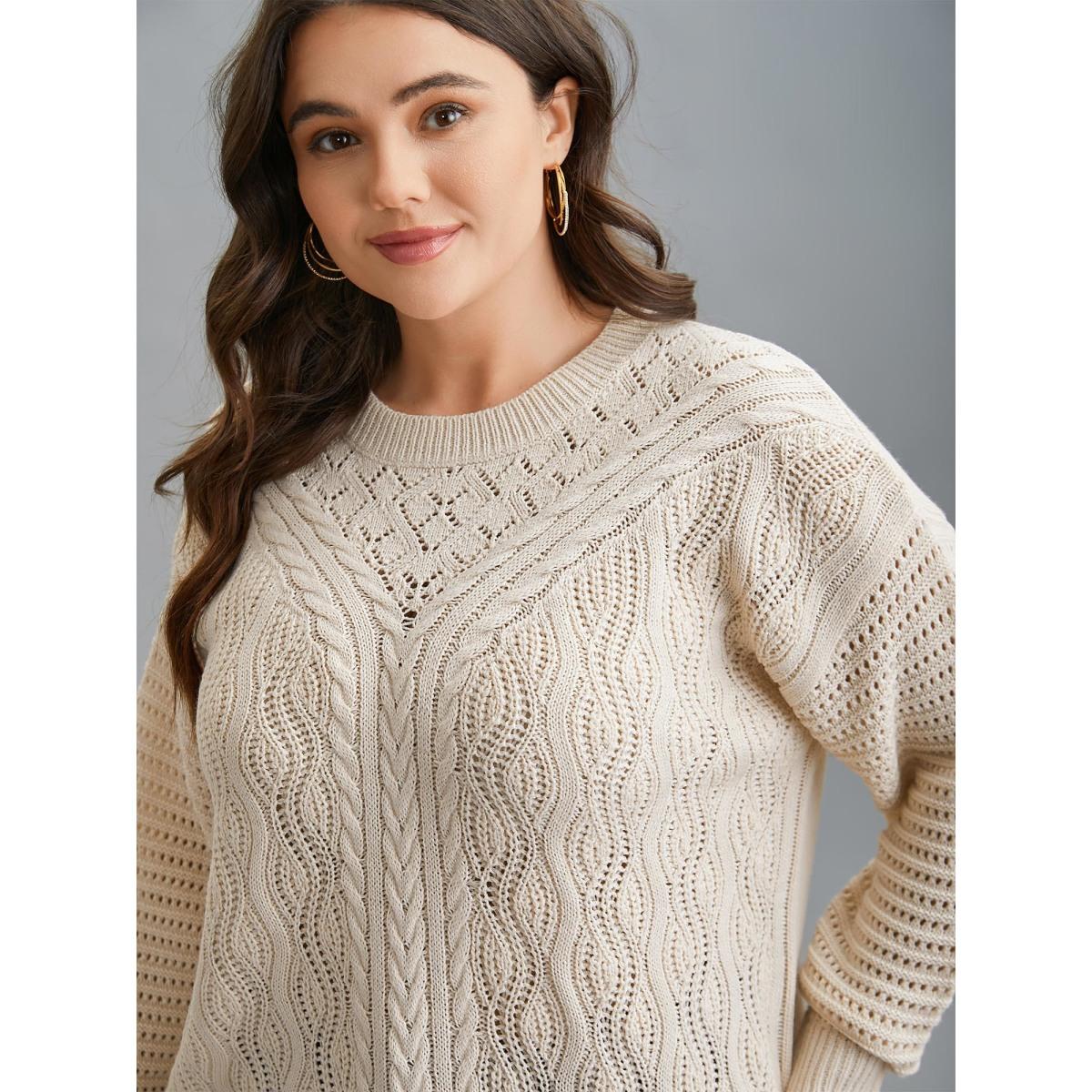 Plus Size Cable Knit Hollow Out Textured Pullover Apricot Women Casual Loose Long Sleeve Round Neck Everyday Pullovers BloomChic 28/5X Product Image
