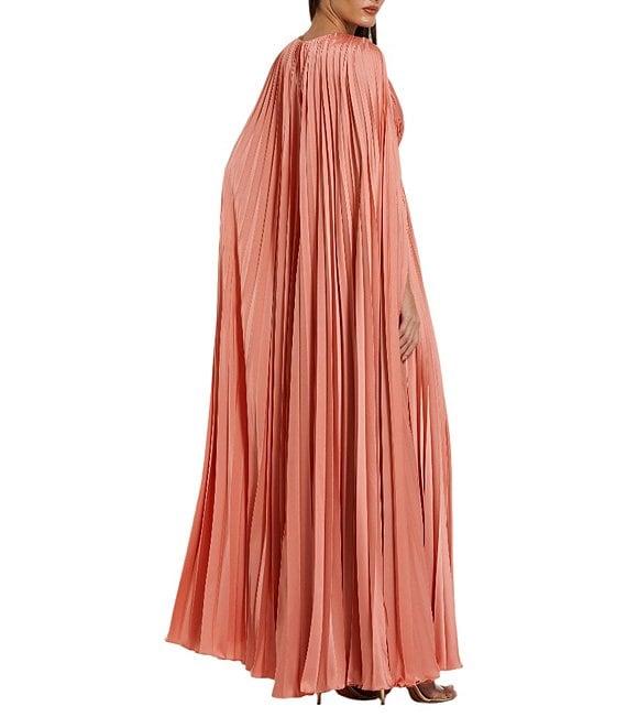 Mac Duggal Pleated Charmeuse V-Neck Cape Sleeve Gown Product Image