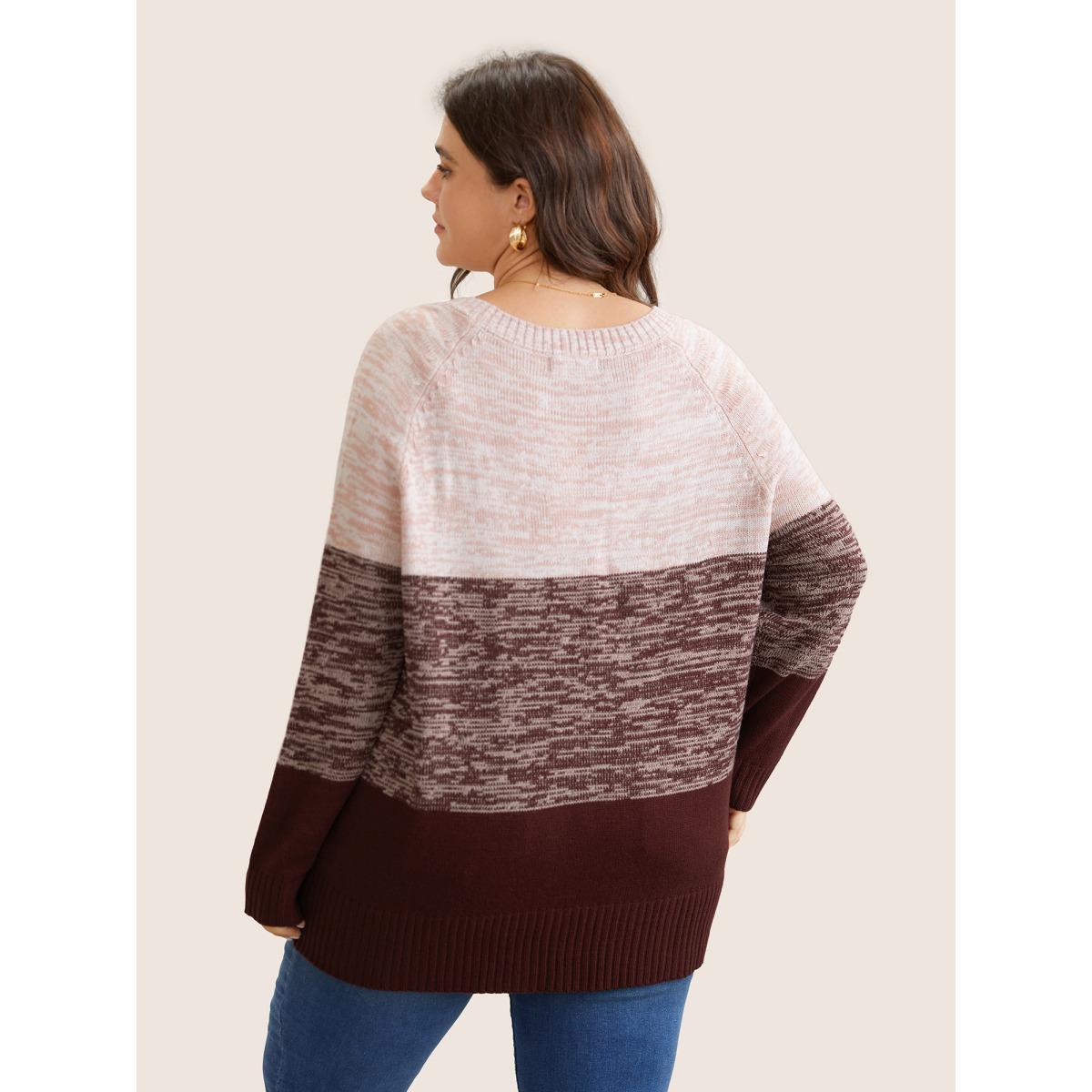 Plus Size Colorblock Contrast Heather Button Detail Pullover Maroon Women Casual Long Sleeve Round Neck Everyday Pullovers BloomChic 26/4X Product Image