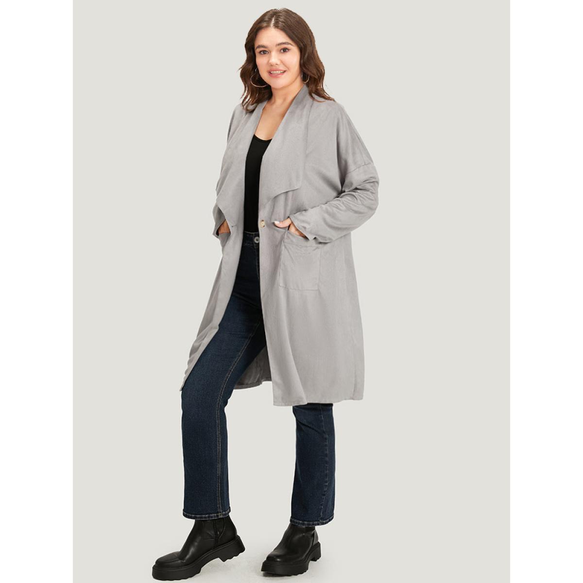 Plus Size Solid Lapel Collar Patched Pocket Faux Suede Coat Women DarkGray Casual Plain Ladies Dailywear Winter Coats BloomChic 14-16/1X Product Image