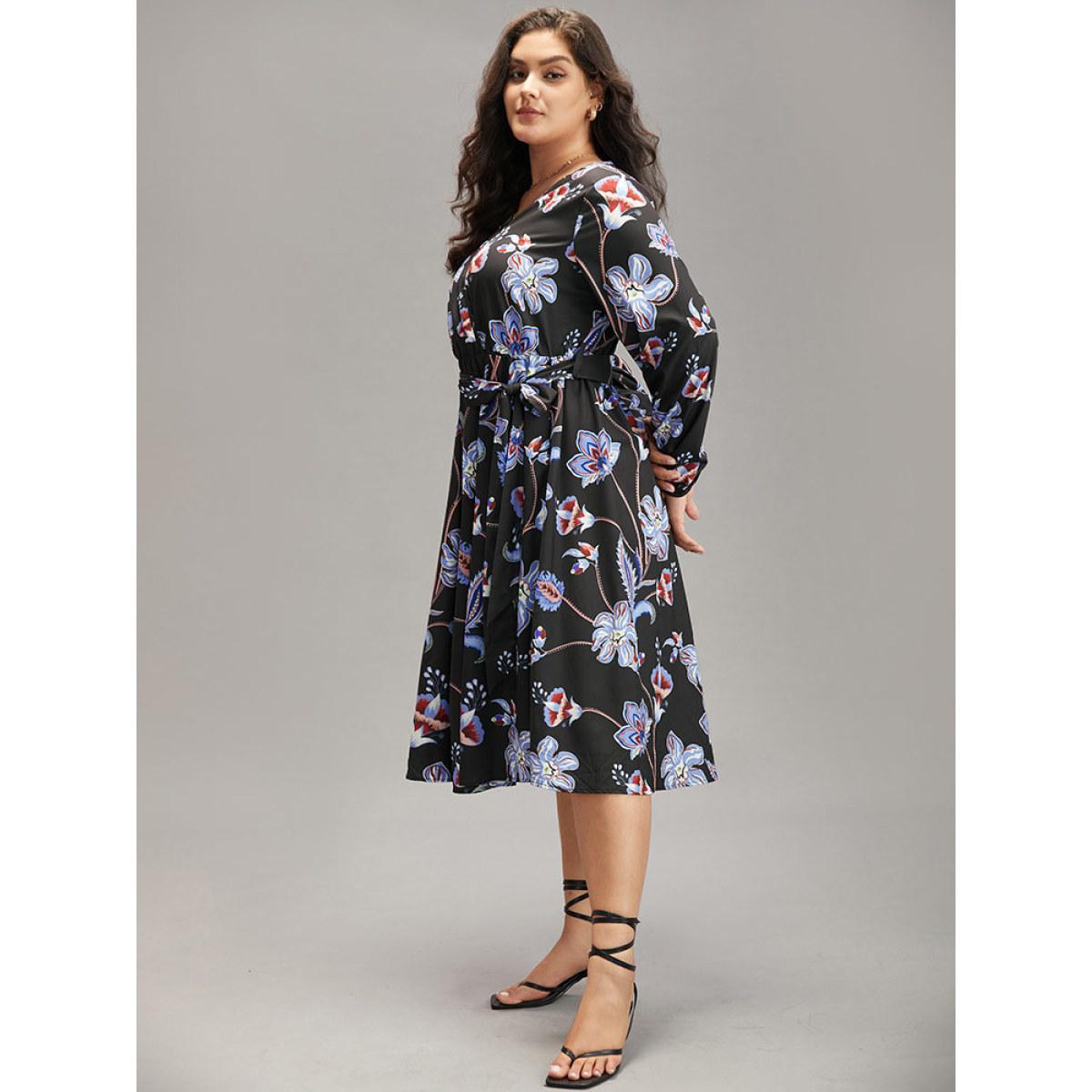 Plus Size Floral Print Elastic Cuffs Belted Dress Black Women Elegant Elastic cuffs V-neck Long Sleeve Curvy Midi Dress BloomChic 18-20/2X Product Image