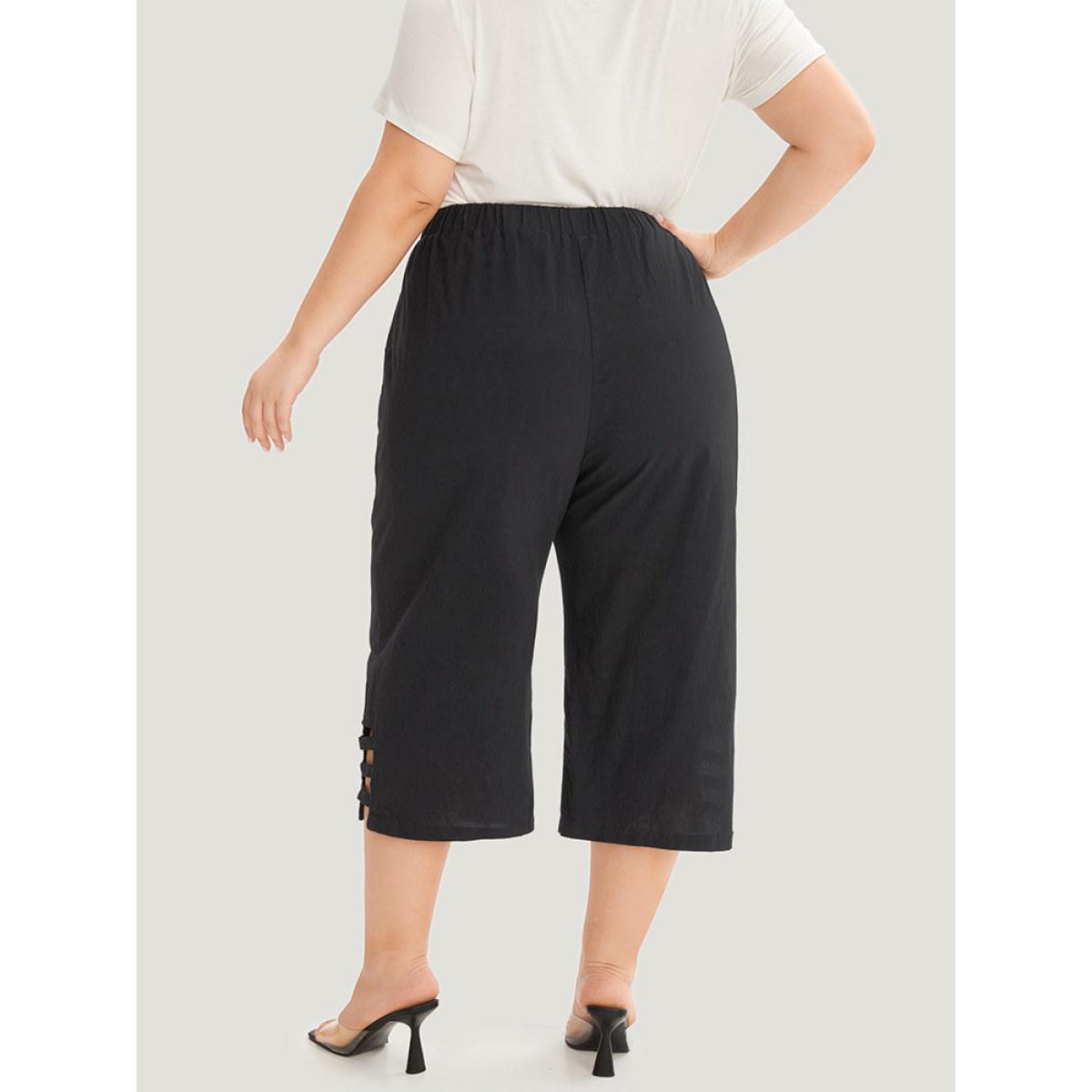 Plus Size Solid Cut Out Pocket Loose Cropped Pants Women Black Elegant Straight Leg High Rise Dailywear Pants BloomChic 28/5X Product Image