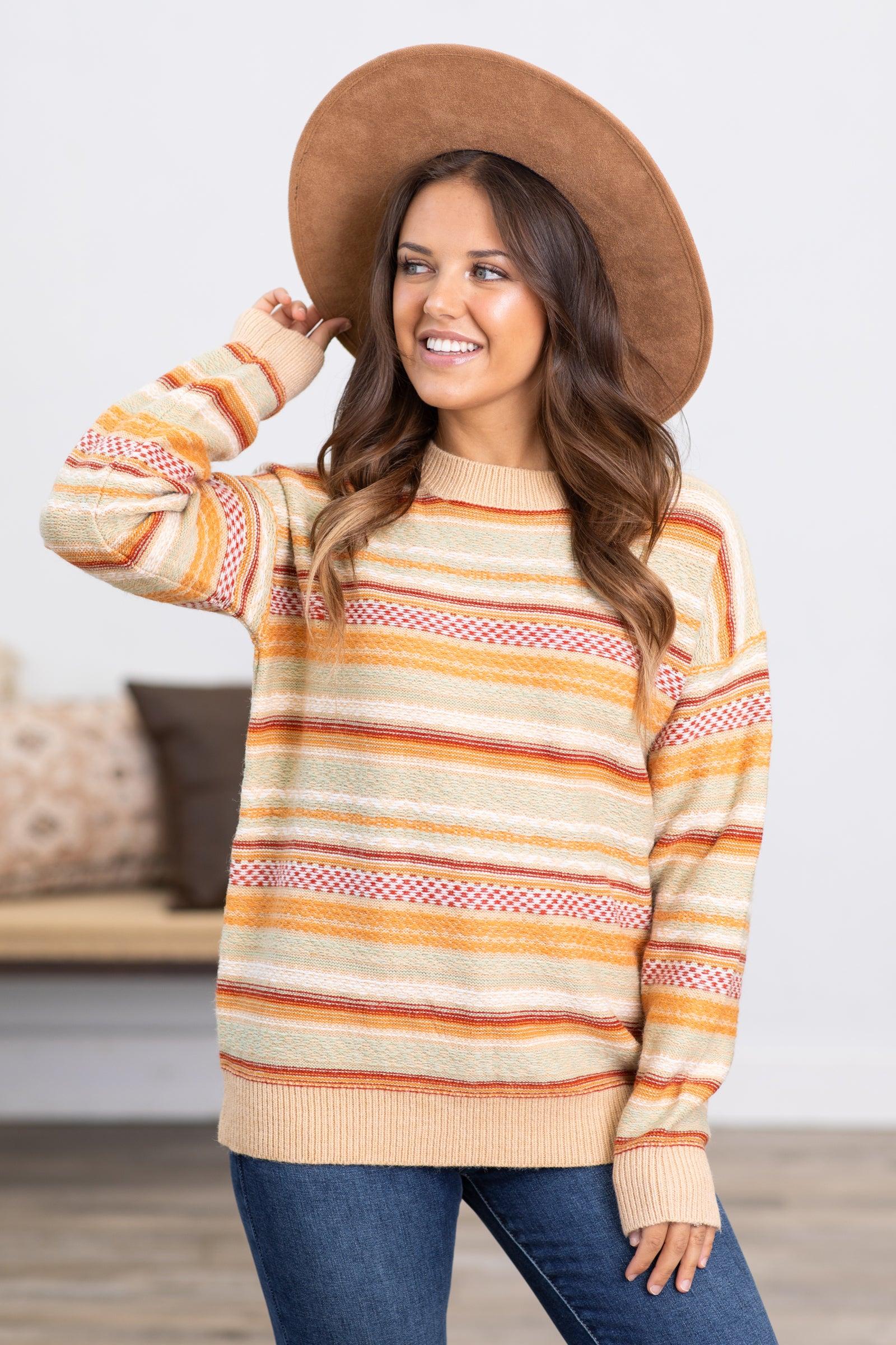 Tan Multicolor Stripe Drop Shoulder Sweater Product Image