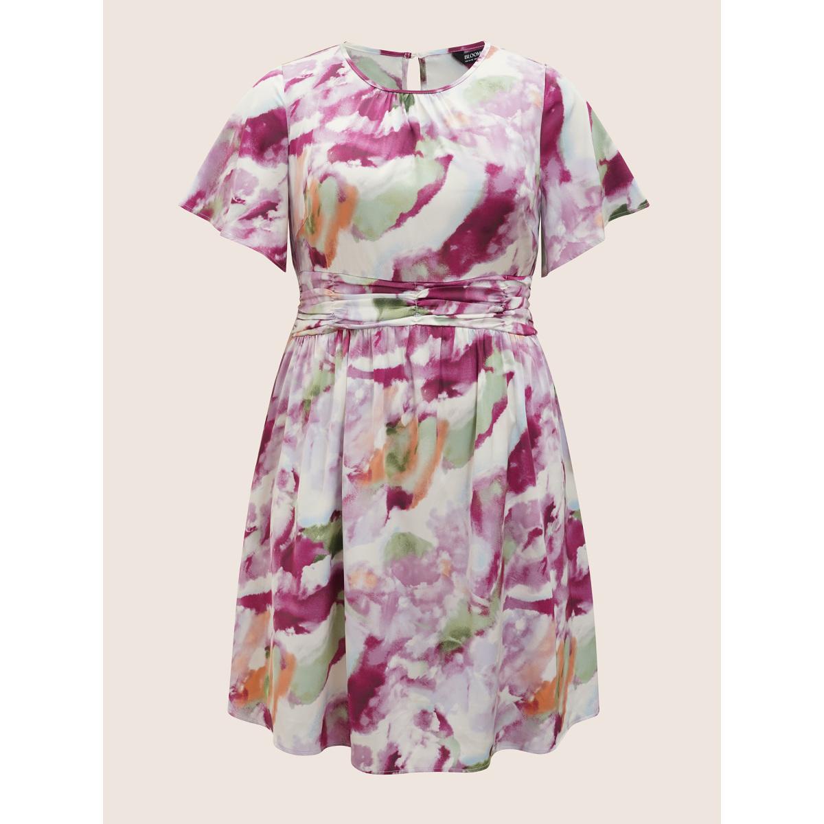 Plus Size Watercolor Floral Print Ruched Ruffle Sleeve Dress Lilac Women Elegant Gathered Round Neck Short sleeve Curvy BloomChic 22-24/3X Product Image