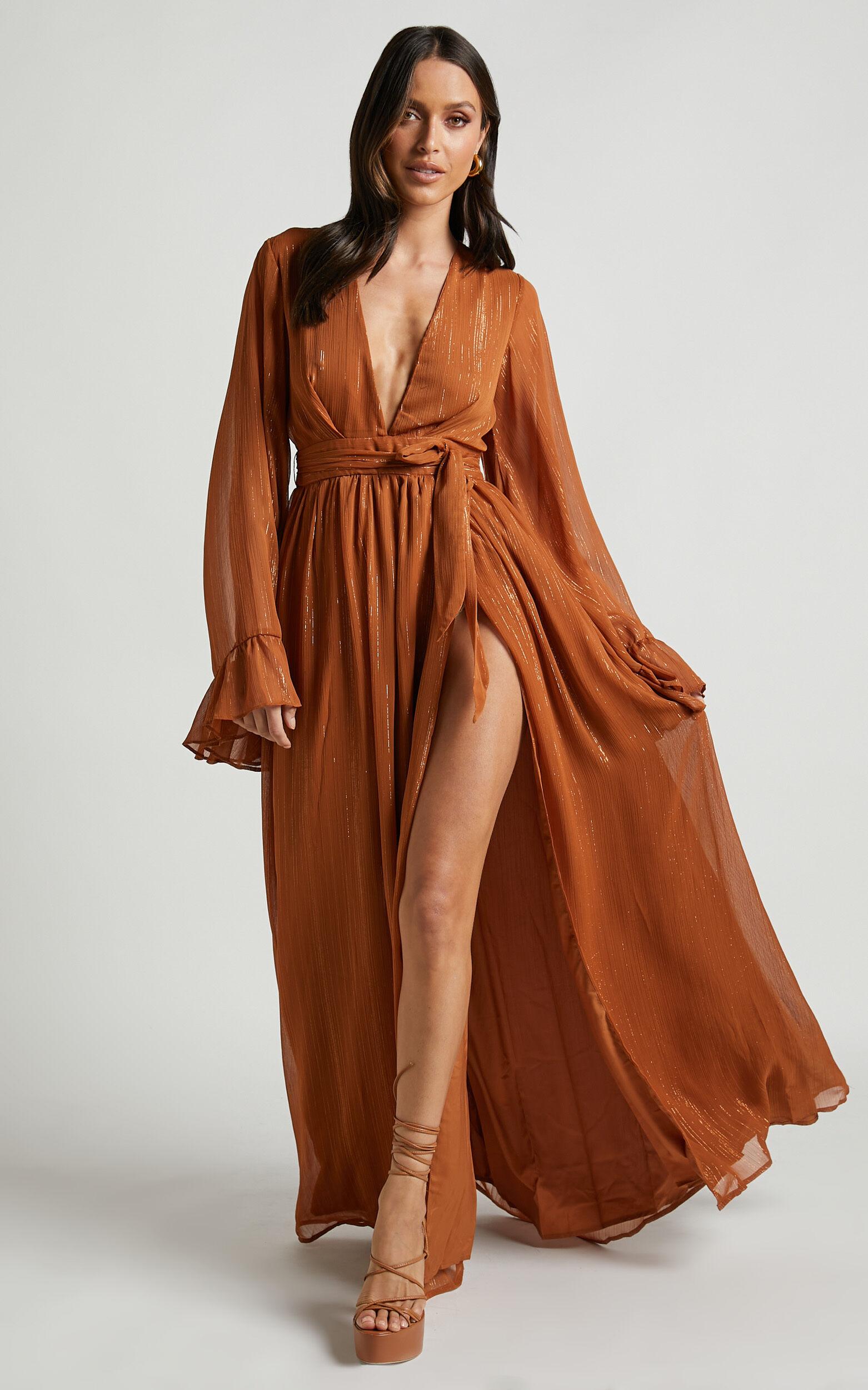 Dangerous Woman Maxi Dress - Plunge Thigh Split Dress in Rust Product Image