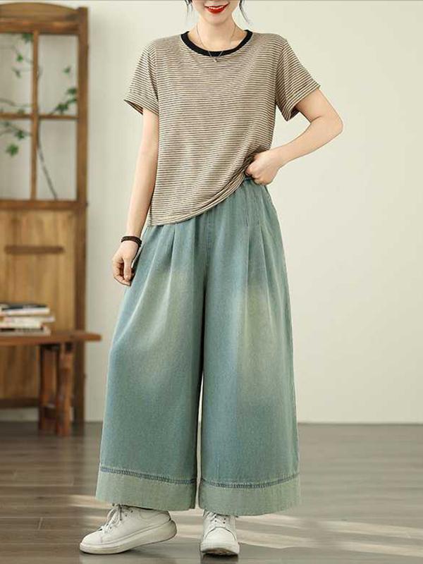 Loose Wide Leg Elasticity Pleated Pockets Jean Pants Bottoms Trousers Product Image