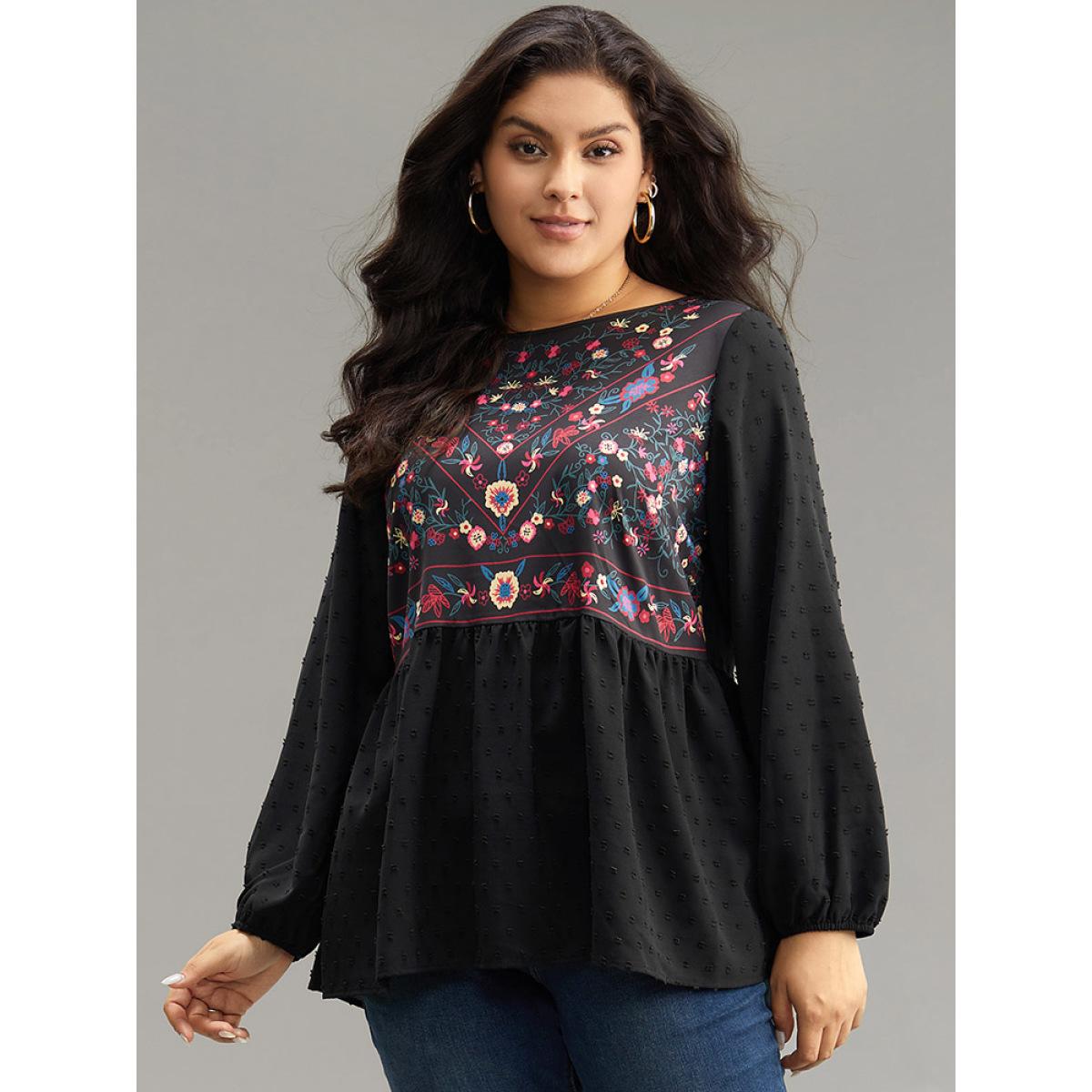 Plus Size Black Boho Print Patchwork Lantern Sleeve Gathered Blouse Women Vacation Long Sleeve Round Neck Dailywear Blouses BloomChic 26/4X Product Image