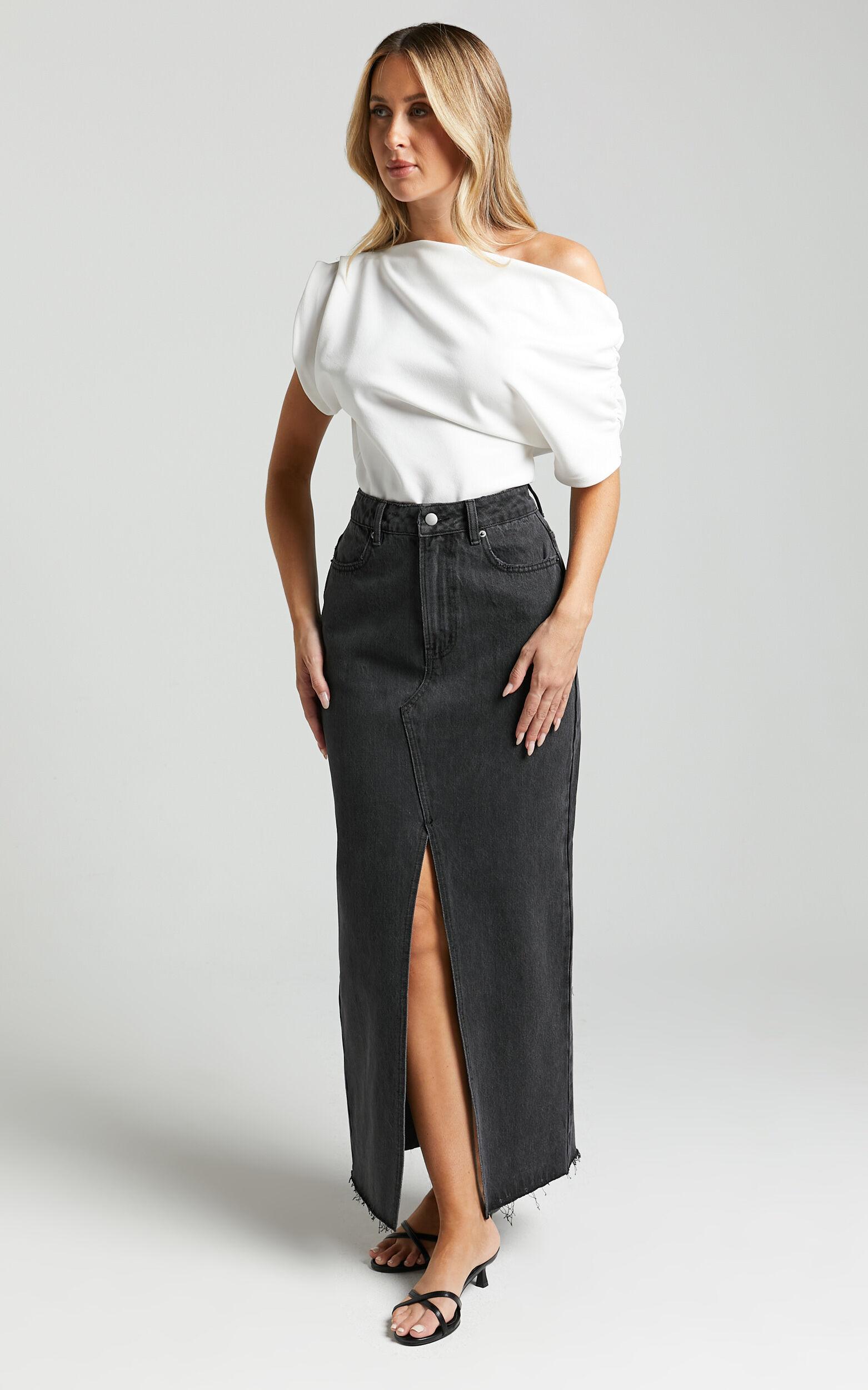 Kira Midi Skirt - Front Split Denim Skirt in Washed Black Product Image