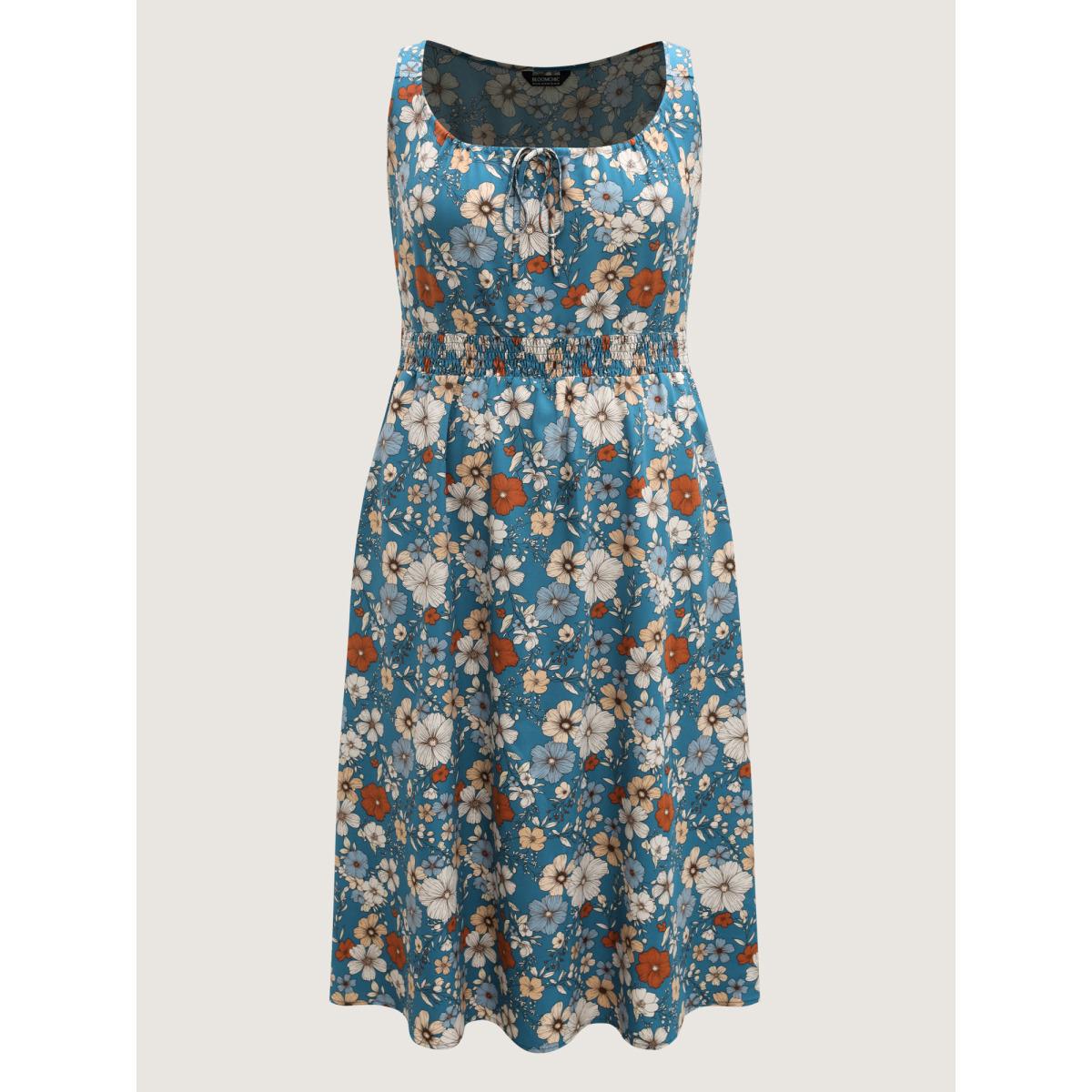 Plus Size Floral Print Shirred Waist Midi Dress Mediumblue Women Timeless Square Neck Sleeveless Curvy BloomChic 12/L Product Image