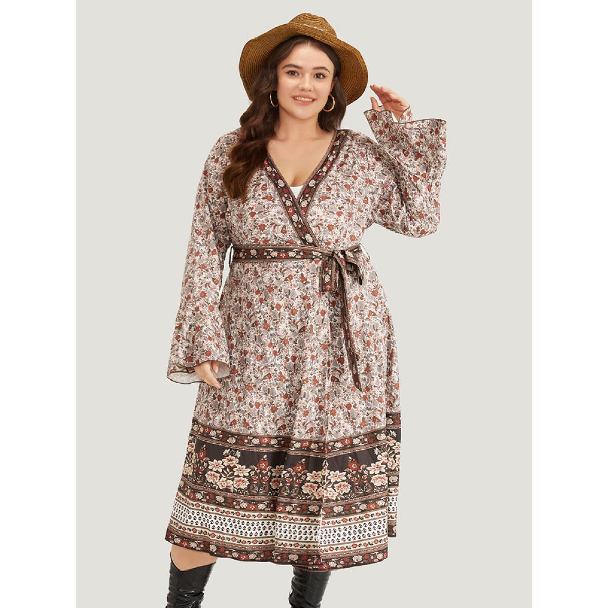 Plus Size Bandana Print Belted Open Front Bell Sleeve Kimono Women Maroon Resort Belted Loose Belt Vacation Kimonos BloomChic 12/L Product Image