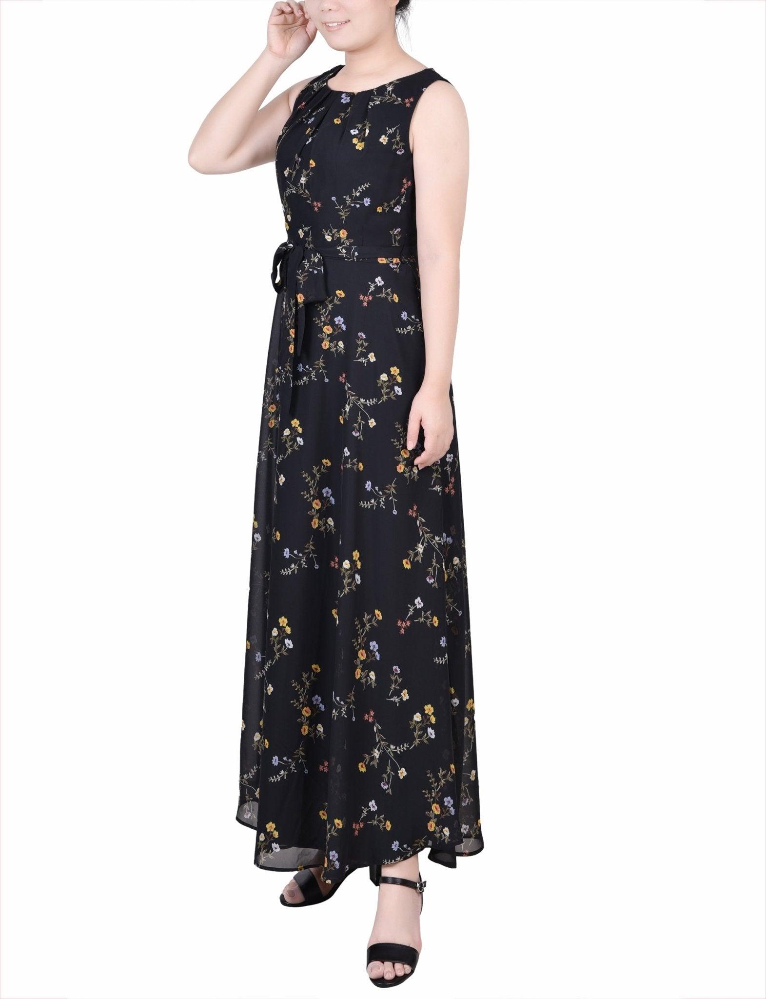 Black Must Vine Sleeveless Belted Chiffon Maxi Dress - Petite Product Image