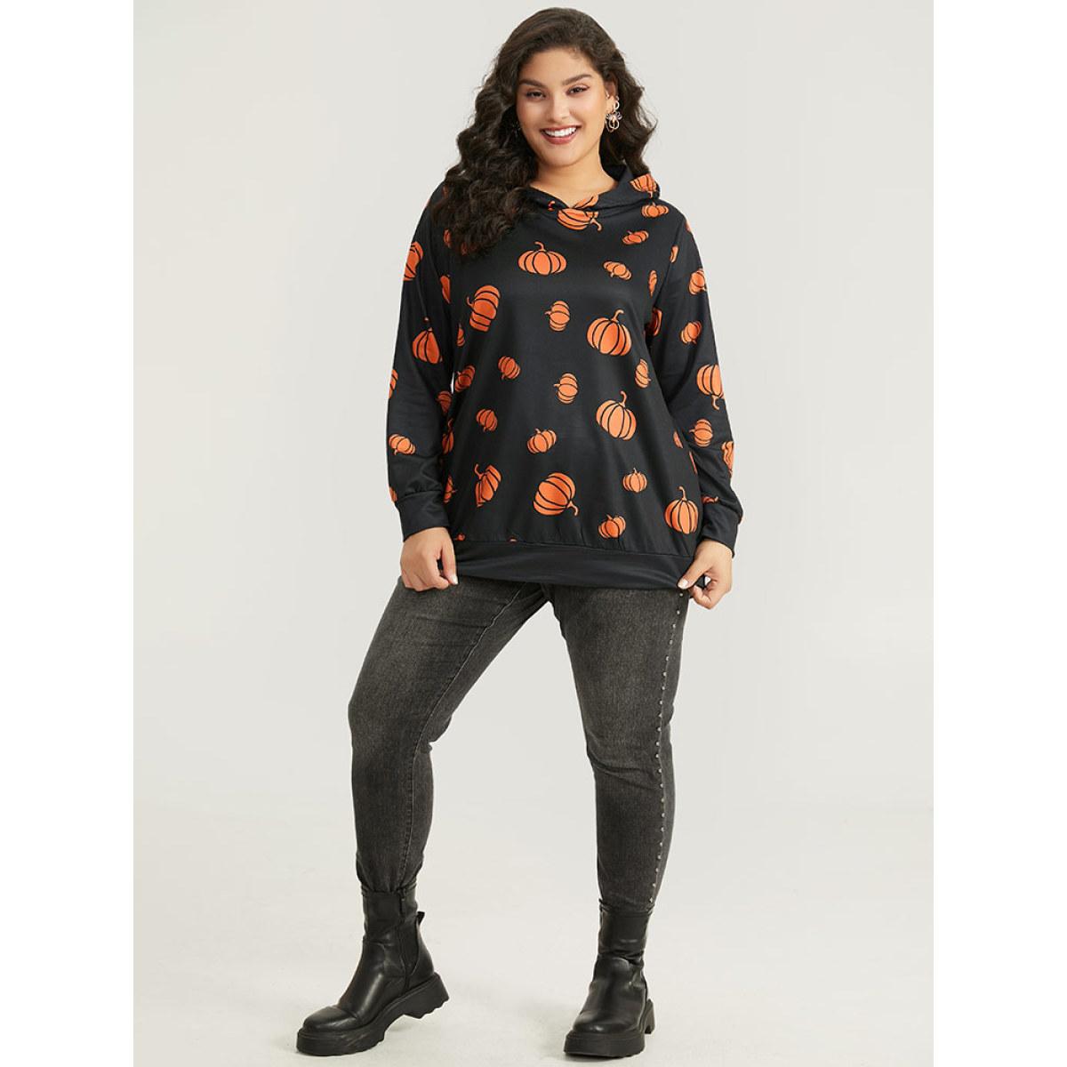 Plus Size Pumpkin Print Hooded Sweatshirt Women Black Casual Elastic cuffs Hooded Festival-Halloween Sweatshirts BloomChic 10/M Product Image
