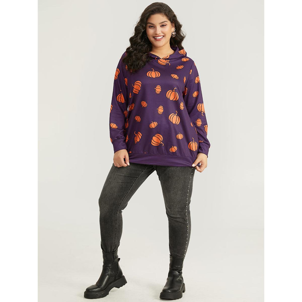 Plus Size Pumpkin Print Hooded Sweatshirt Women Eggplant Casual Elastic cuffs Hooded Festival-Halloween Sweatshirts BloomChic 26/4X Product Image