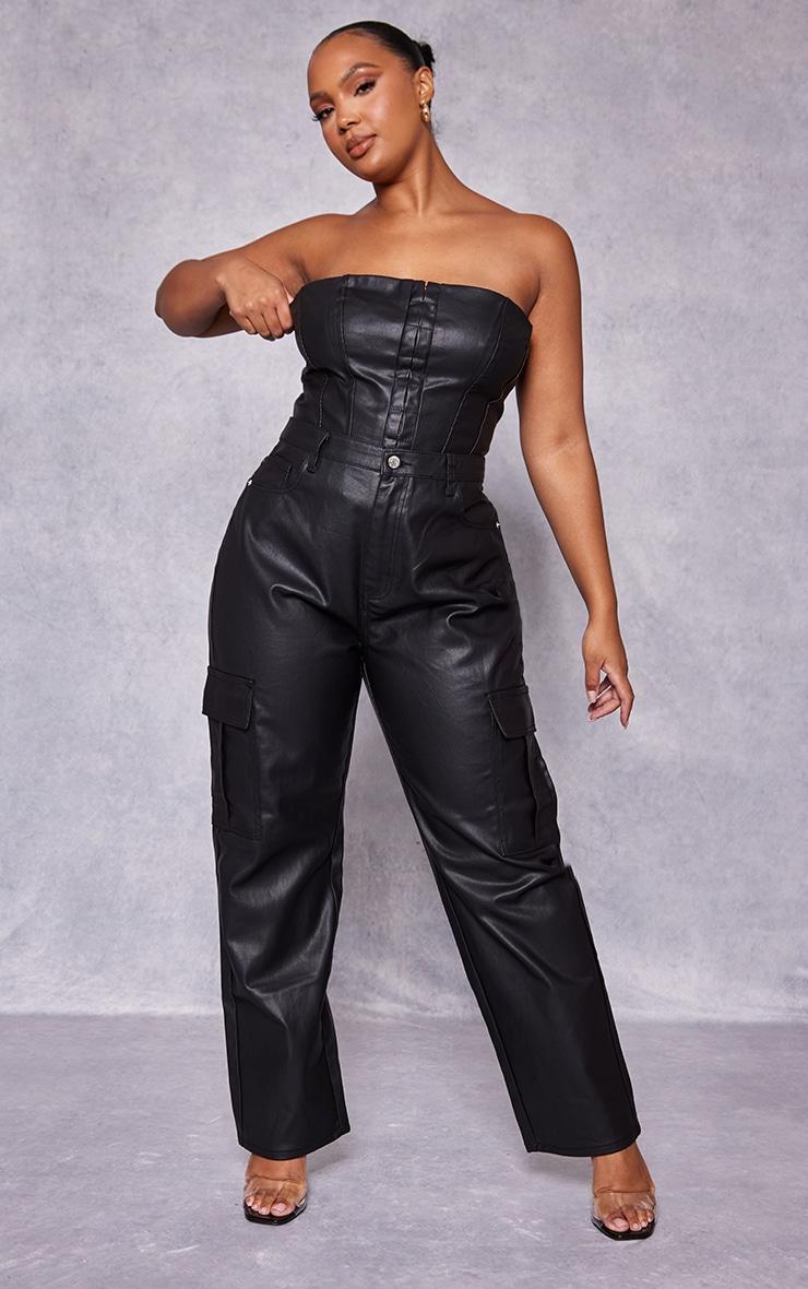 Plus Black Coated Denim Cargo Jeans Product Image