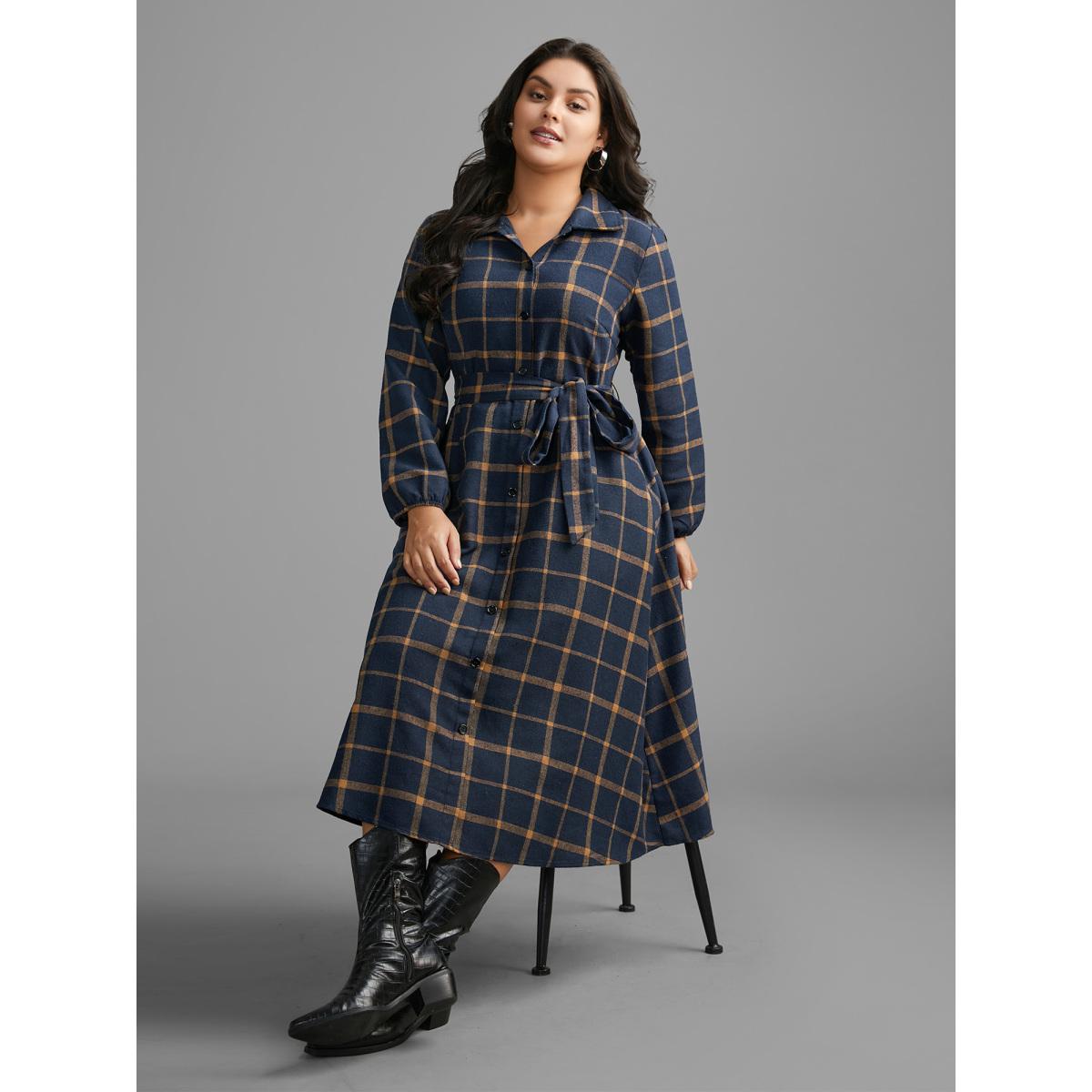 Plus Size Plaid Button Through Belted Dress DarkBlue Women Casual Belted Shirt collar Long Sleeve Curvy BloomChic 14-16/1X Product Image