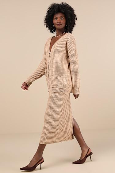Toasty Sophistication Tan Two-Piece Cardi Sweater Midi Dress Product Image