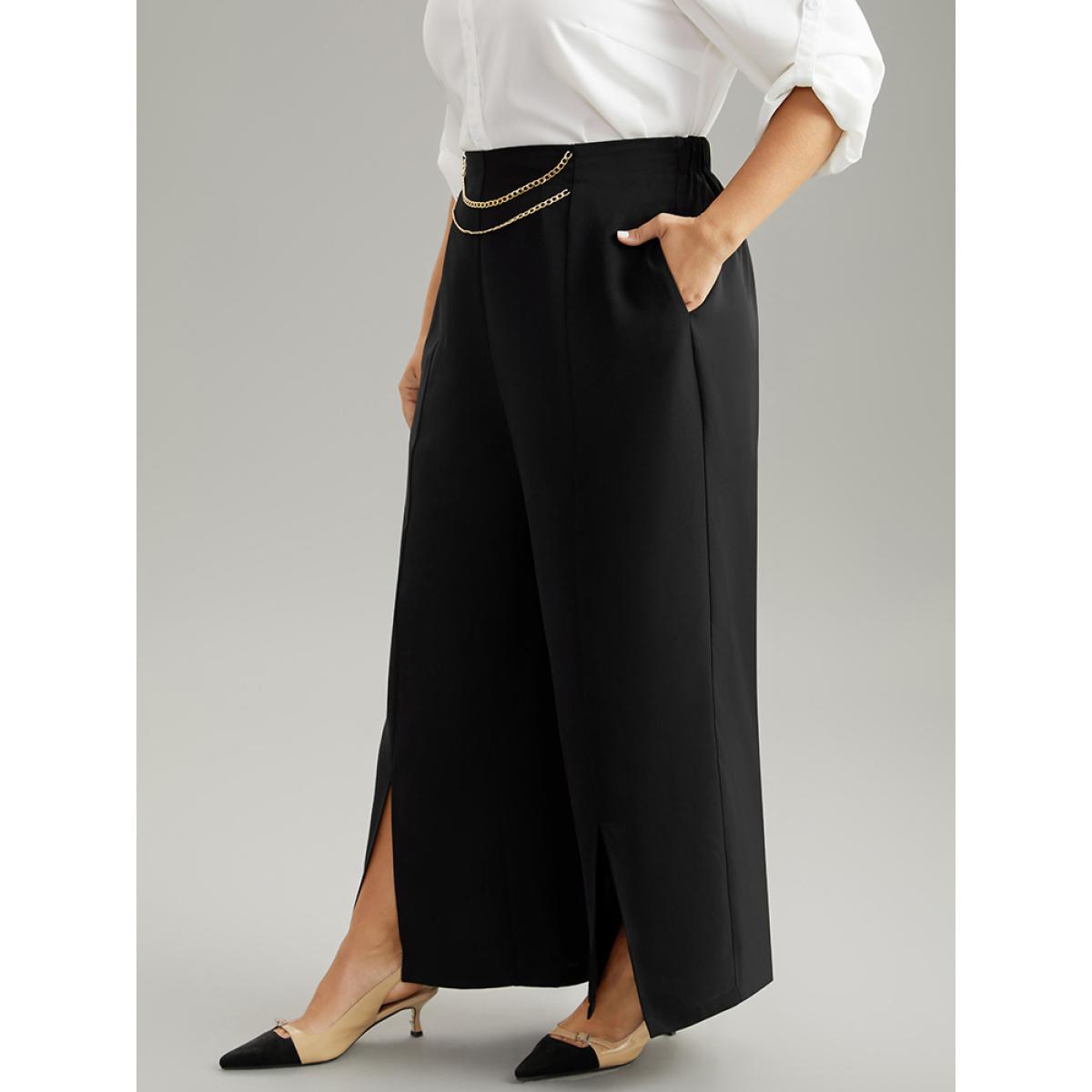 Plus Size Static-Free Metal Chain Detail Split Hem Pants Women Black At the Office Straight Leg High Rise Office Pants BloomChic 10/M Product Image