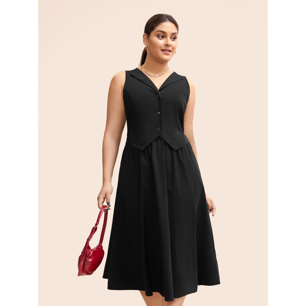 Plus Size Stretch Woven Vest Flare Midi Dress Black Women At the Office Button Suit Collar Sleeveless Curvy BloomChic 10/M Product Image