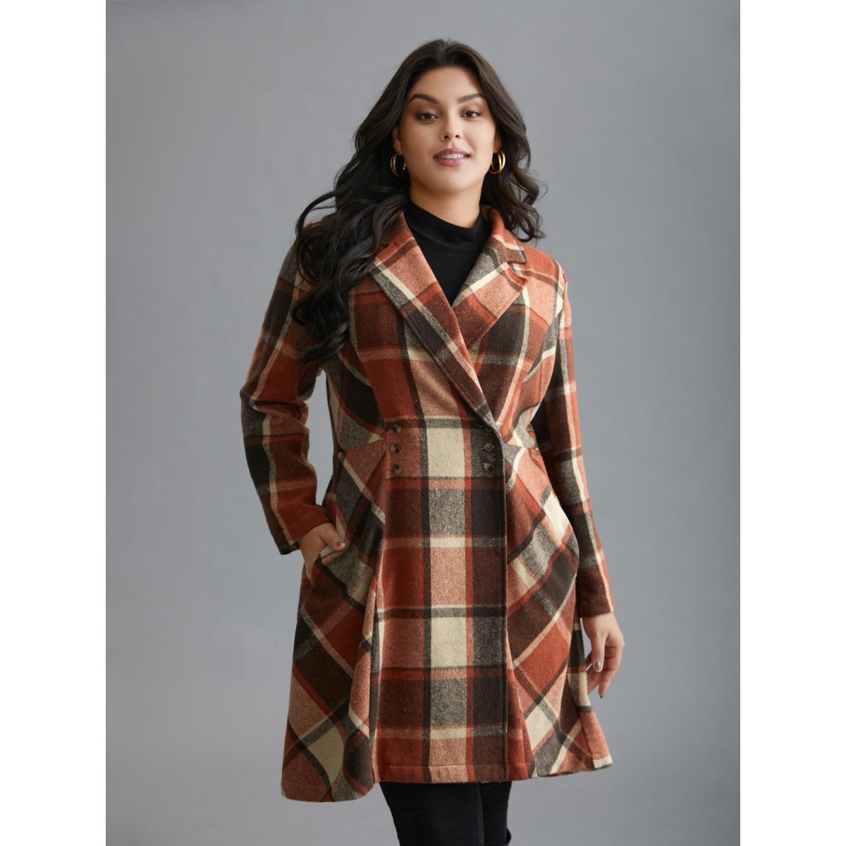 Plus Size Plaid Lapel Collar Waist Button Coat Women Yellowishbrown Elegant Button Ladies Everyday Winter Coats BloomChic 10/M Product Image