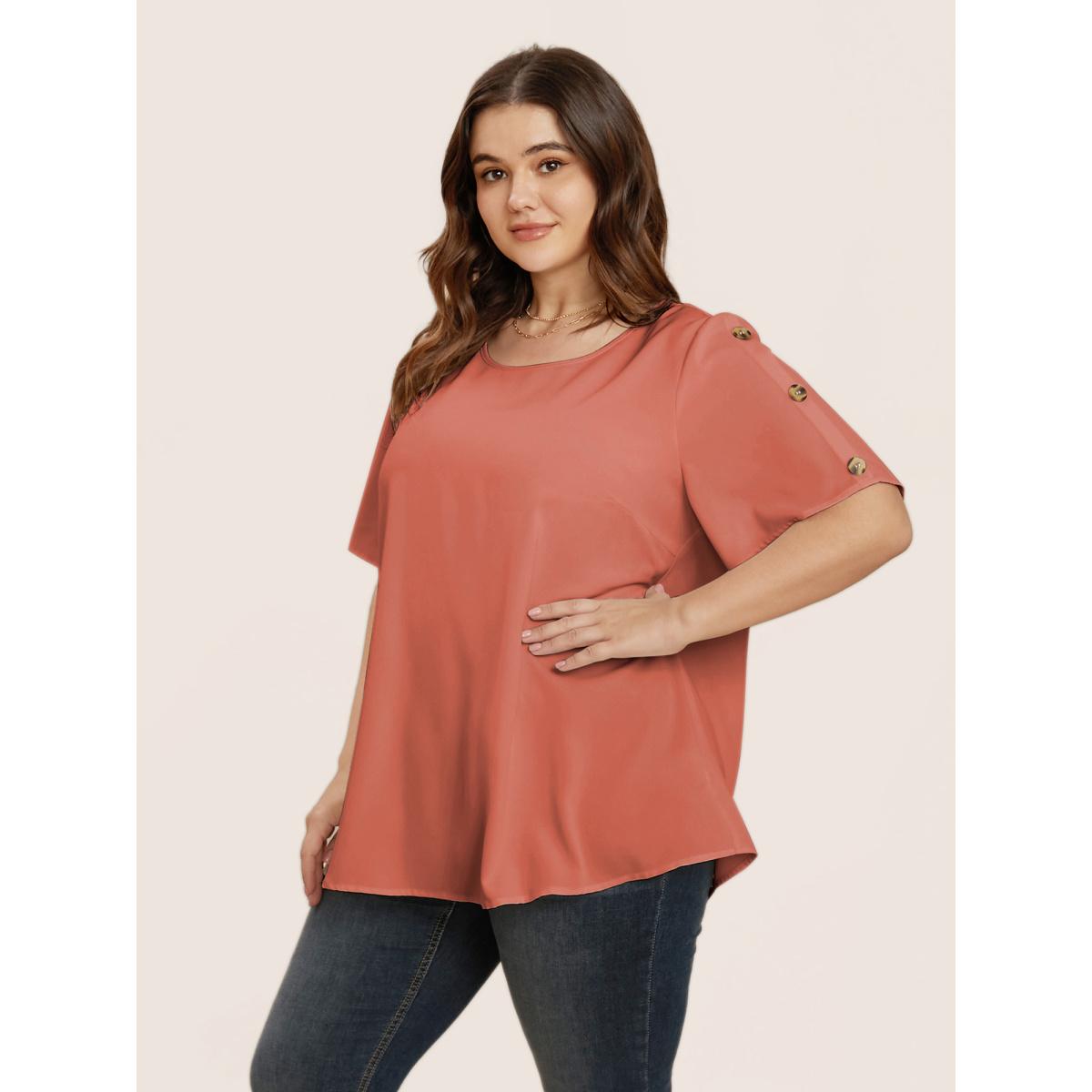 Plain Chiffon Casual Flutter Plus Size Blouses Women Basic Plain Crepe Button Ruffle Sleeve Short Sleeve Round Neck Workwear Blouses BloomChic Product Image