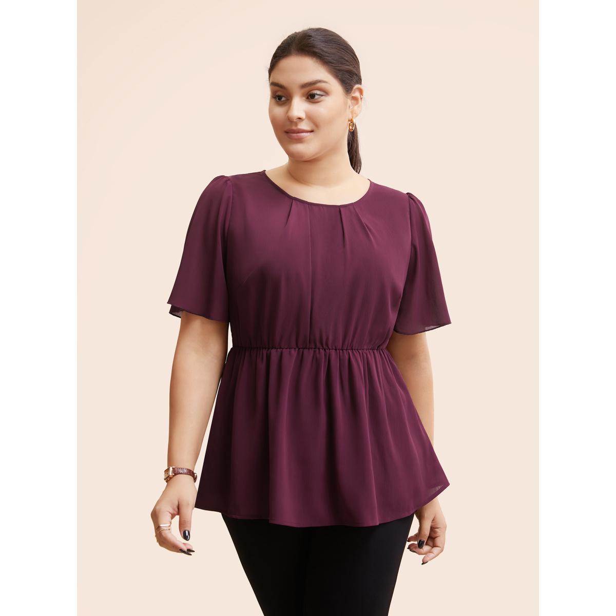 Plus Size Plum Solid Elastic Waist Ruffle Sleeve Blouse Women Workwear Essentials Short sleeve Round Neck Work Blouses BloomChic 26/4X Product Image
