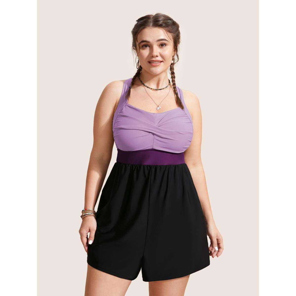 Plus Size Patchwork Contrast Crossover One Piece Swimsuit Women's Swimwear Lilac Resort Twist Curve Bathing Suits High stretch One Pieces BloomChic 26/4X Product Image