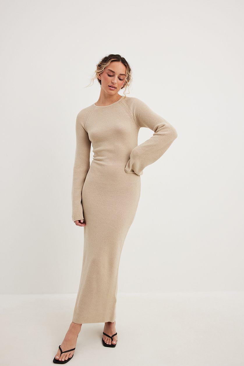 Open Back Lace Detail Knitted Maxi Dress Beige Product Image