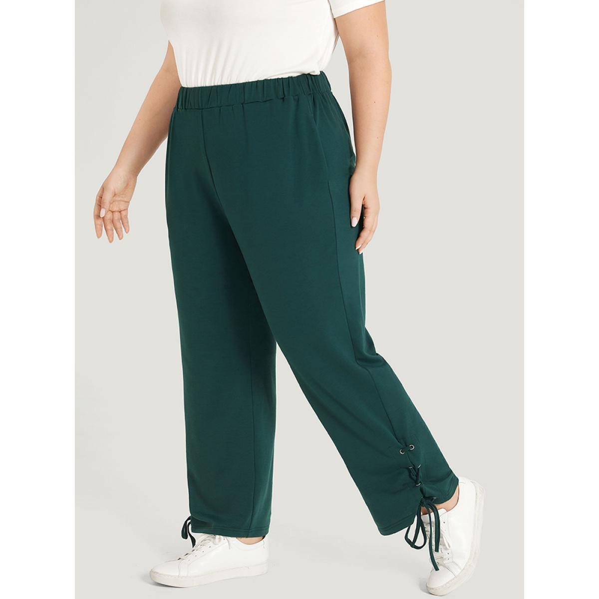 Plain Pocket Elastic Waist Lace Up Side Sweatpants Emerald Plus Size Women Casual Dailywear Plain 10/M Bloomchic Product Image