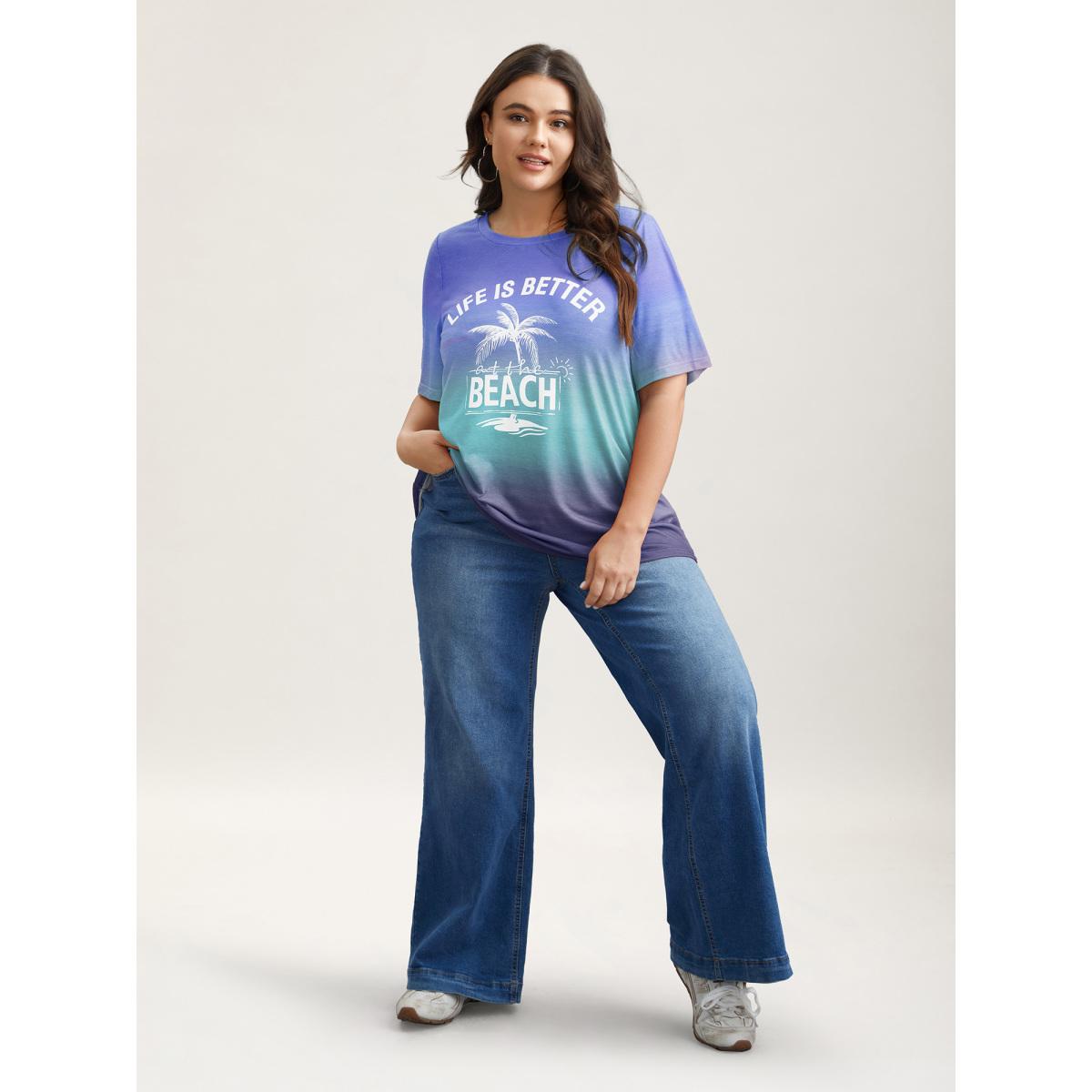 Plus Size Gradient Beach Print Fitted T-Shirt DarkBlue Women Playful Contrast Tropical Round Neck Casual T-shirts BloomChic 10/M Product Image