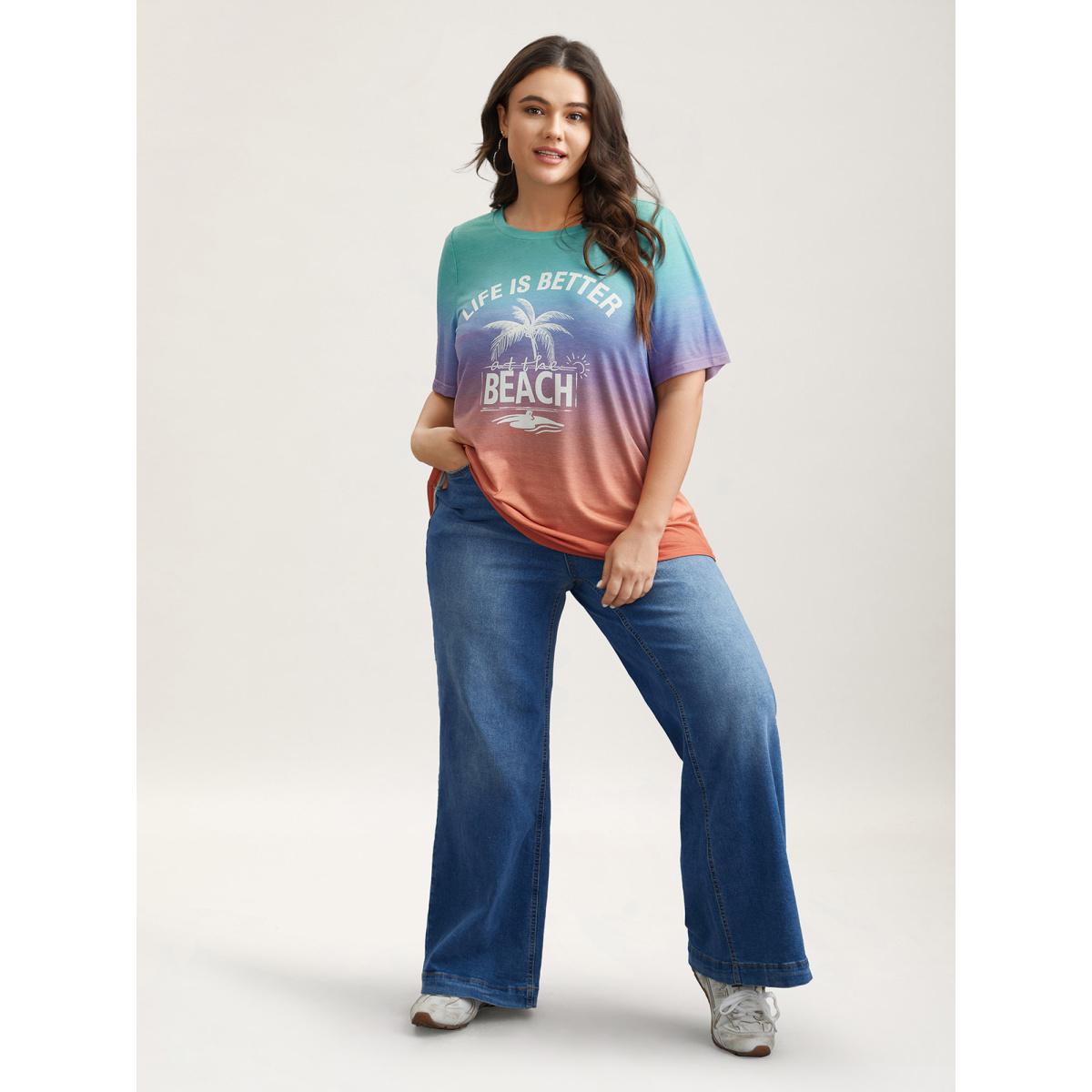 Plus Size Gradient Beach Print Fitted T-Shirt Multicolor Women Playful Contrast Tropical Round Neck Casual T-shirts BloomChic 22-24/3X Product Image