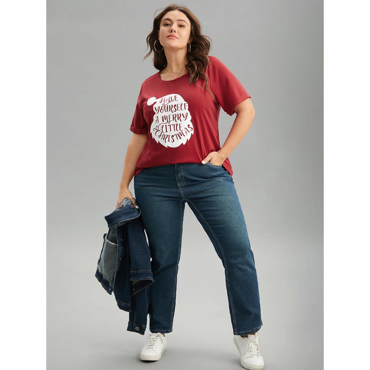 Plus Size Christmas Print Round Neck Roll Sleeve T-shirt Raspberry Women Casual Printed Christmas Festival-Christmas T-shirts BloomChic 28/5X Product Image