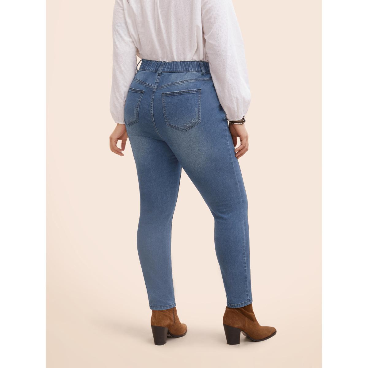 Plus Size Stretch Denim Pocket Distressing Slim-Fit Jeans Women Denimblue Casual Button Medium stretch Slanted pocket Jeans BloomChic 10/M Product Image