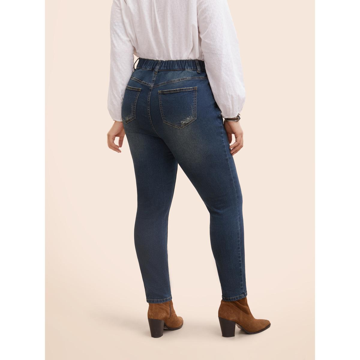 Plus Size Stretch Denim Pocket Distressing Slim-Fit Jeans Women Bluevintage Casual Button Medium stretch Slanted pocket Jeans BloomChic 16/1X Product Image