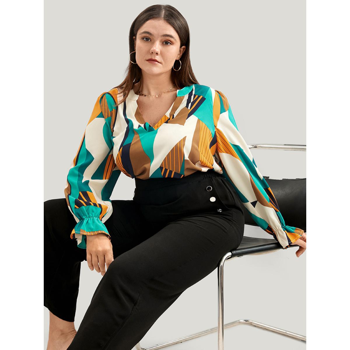 Plus Size Multicolor Geometric Print V Neck Blouse Women Office Long Sleeve V-neck Work Blouses BloomChic 22-24/3X Product Image