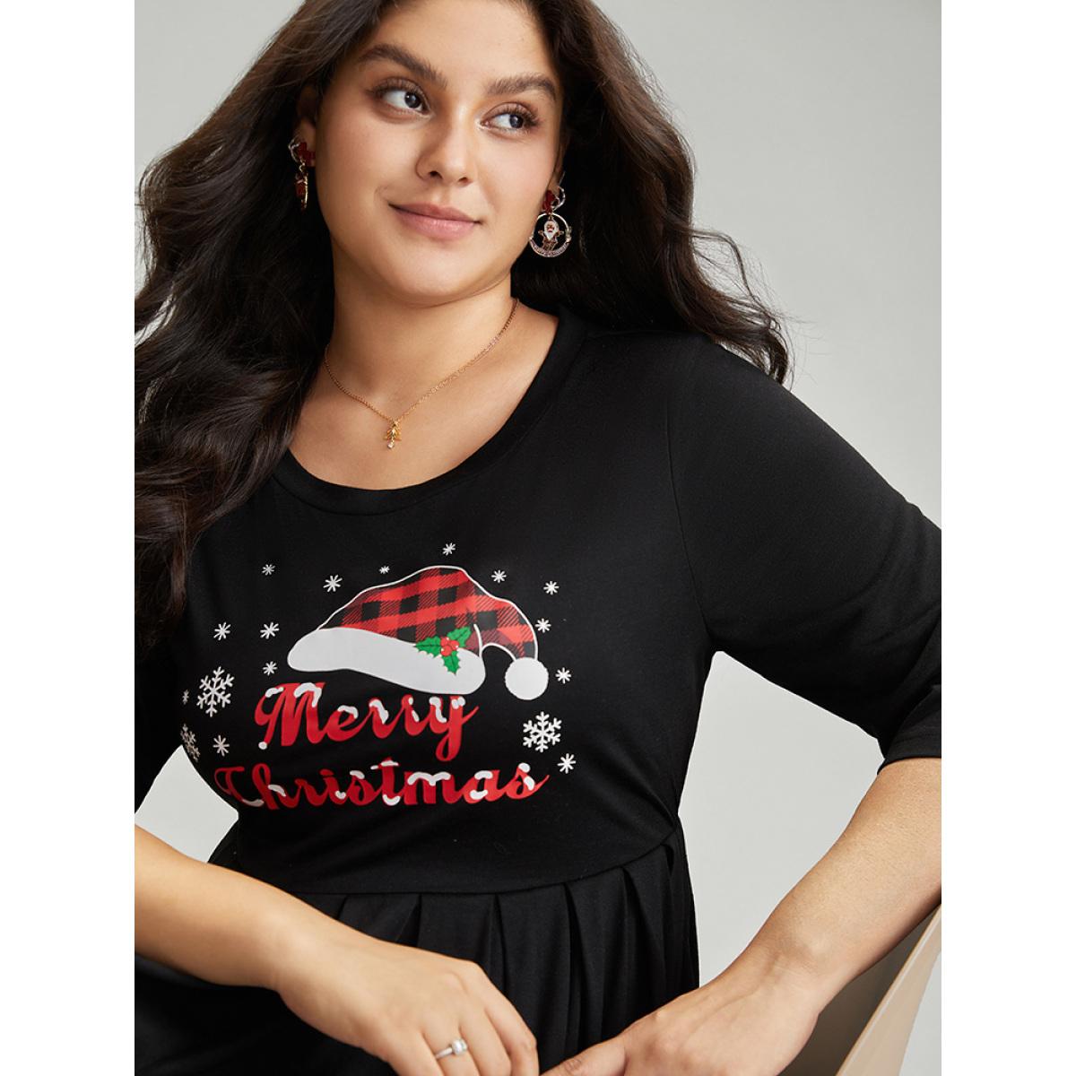 Plus Size Christmas Print Plicated Detail Elastic Waist Dress Black Women Casual Printed Curvy Midi Dress BloomChic 10/M Product Image